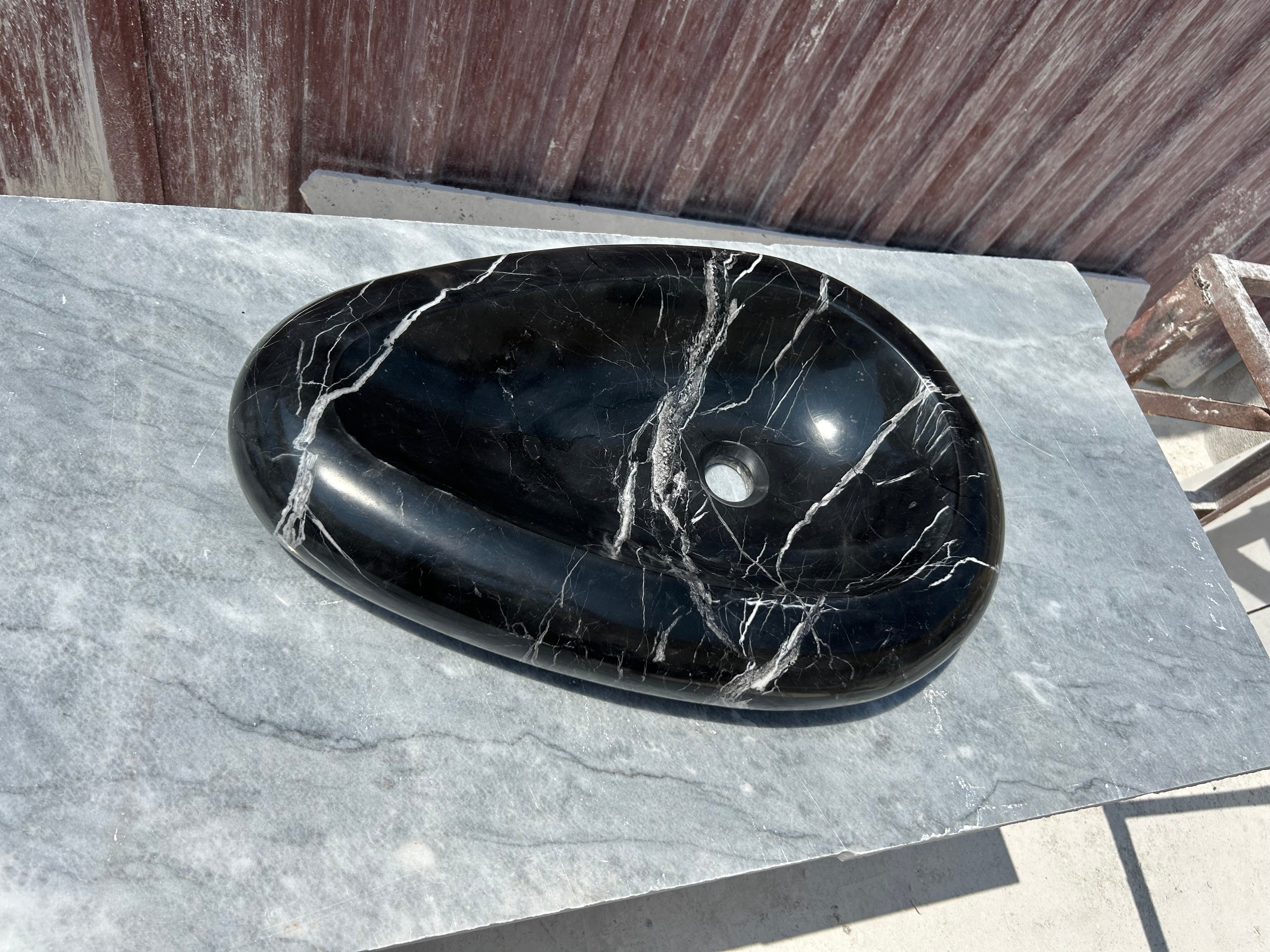Black Marble Vessel Sink for Bathroom Vanity Top, Egg Formed Nero Marquina Marble Sink