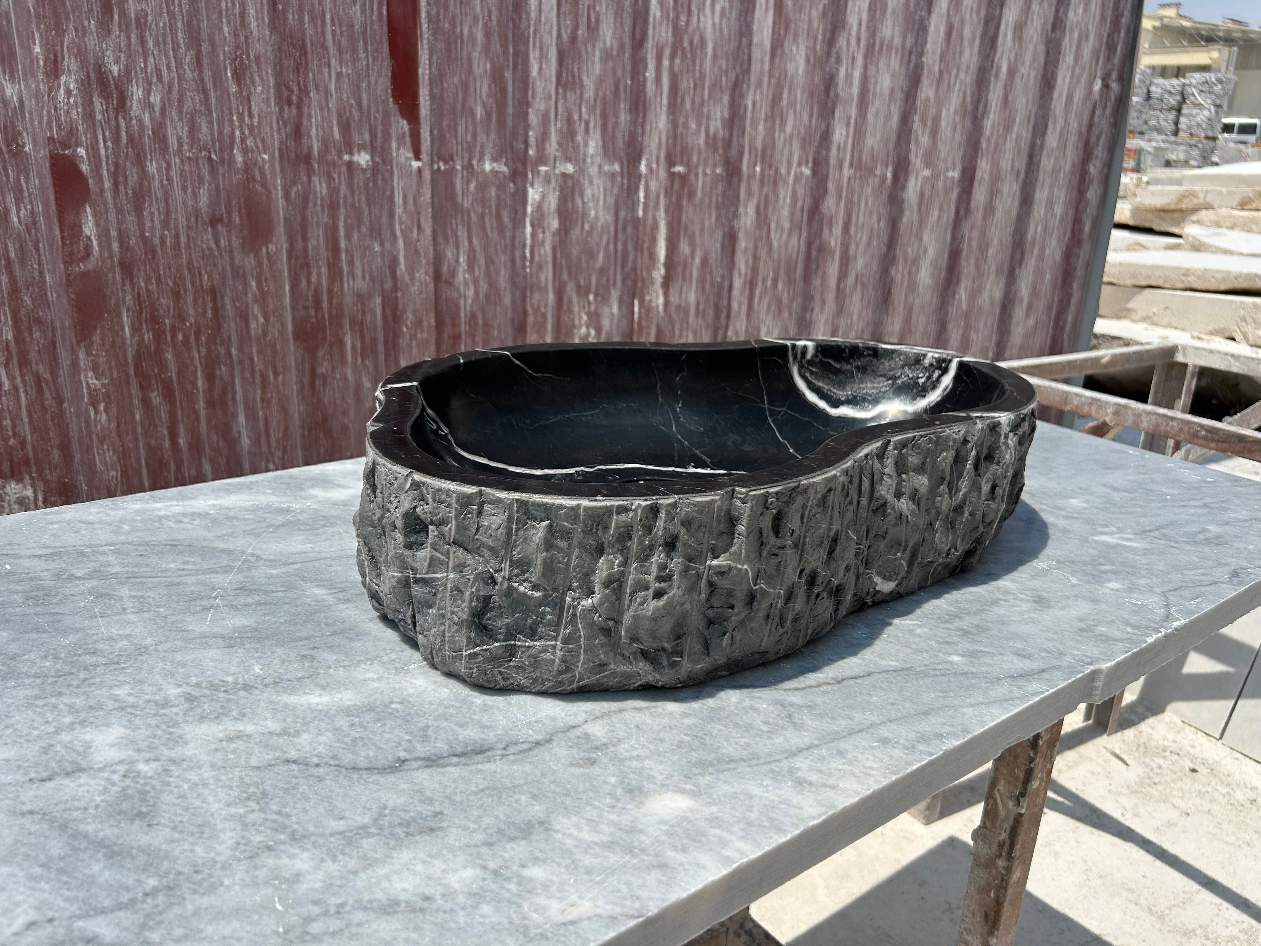 Chiseled Nero Marquina Vessel Sink for Rustic Bathroom Vanity Top, Amorphous Formed Black Marble Sink With Strainer Cover