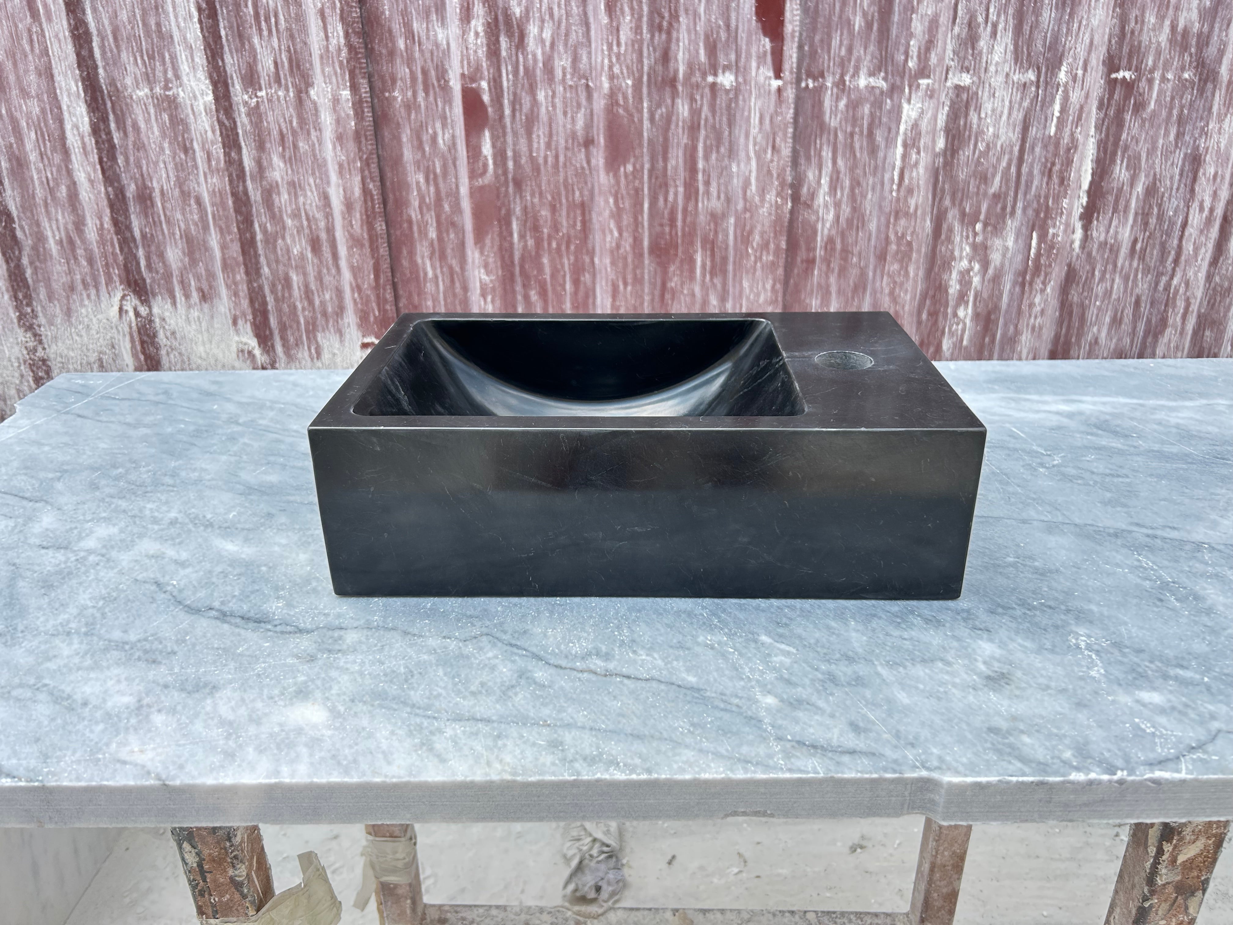Corner Wall Small Bathroom Sink, Black Marble Sink, Nero Marquina Stone Sink with Faucet Hole