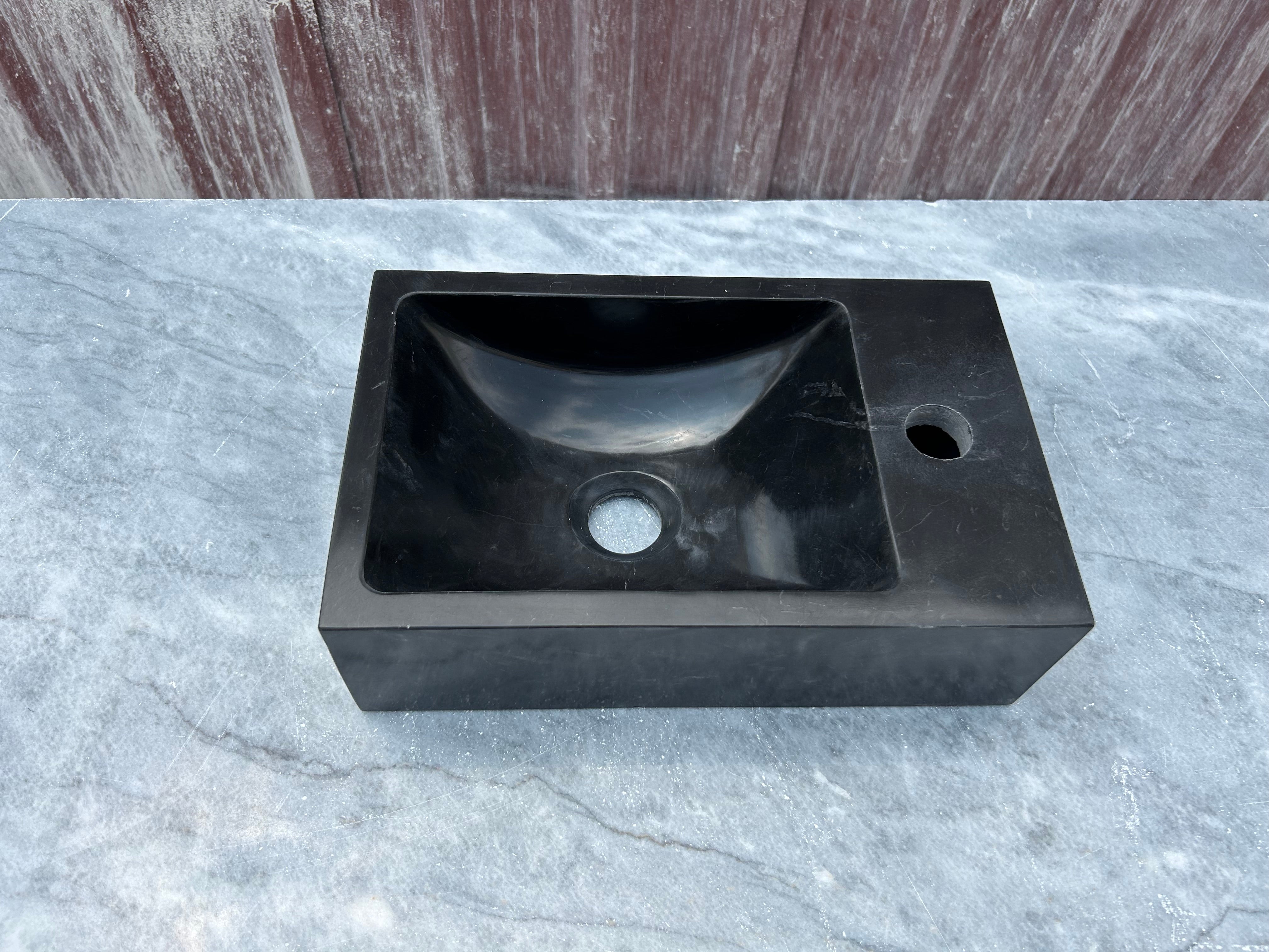 Corner Wall Small Bathroom Sink, Black Marble Sink, Nero Marquina Stone Sink with Faucet Hole