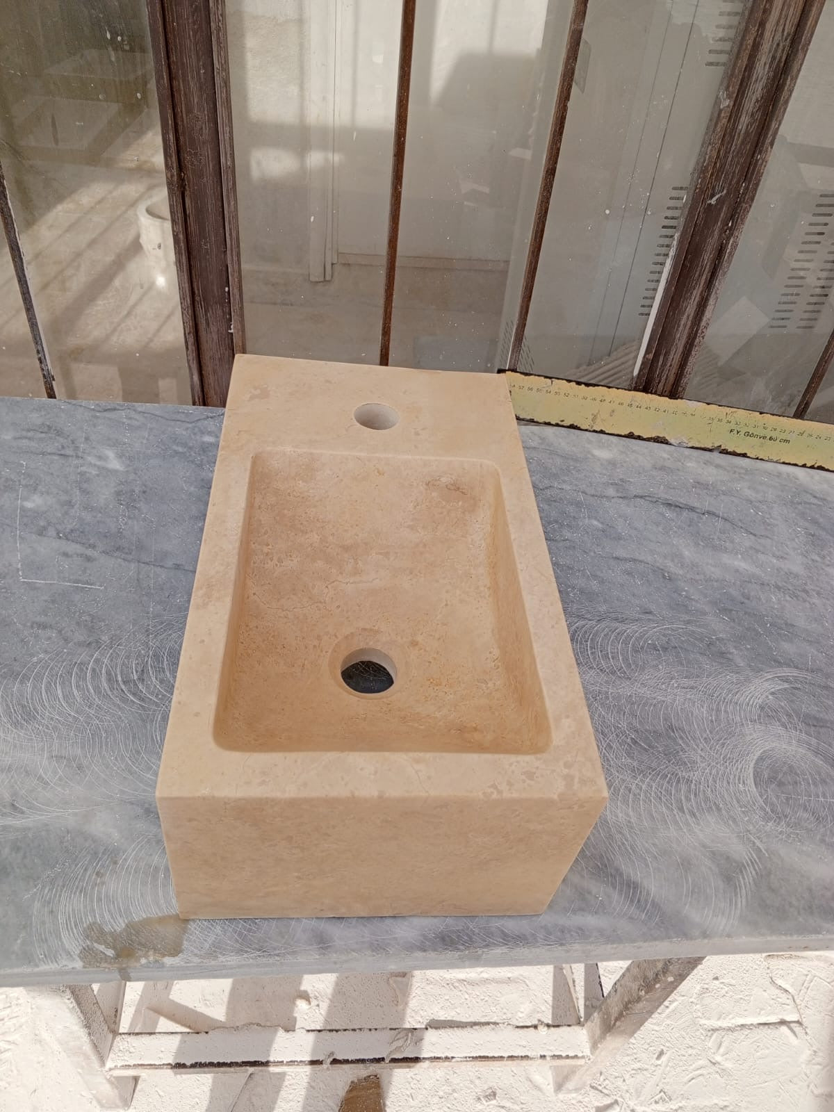 Corner Wall Small Bathroom Sink, Travertine Marble Sink, Beige Stone Sink with Faucet Hole