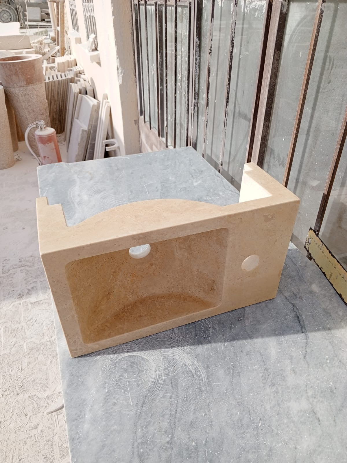Corner Wall Small Bathroom Sink, Travertine Marble Sink, Beige Stone Sink with Faucet Hole