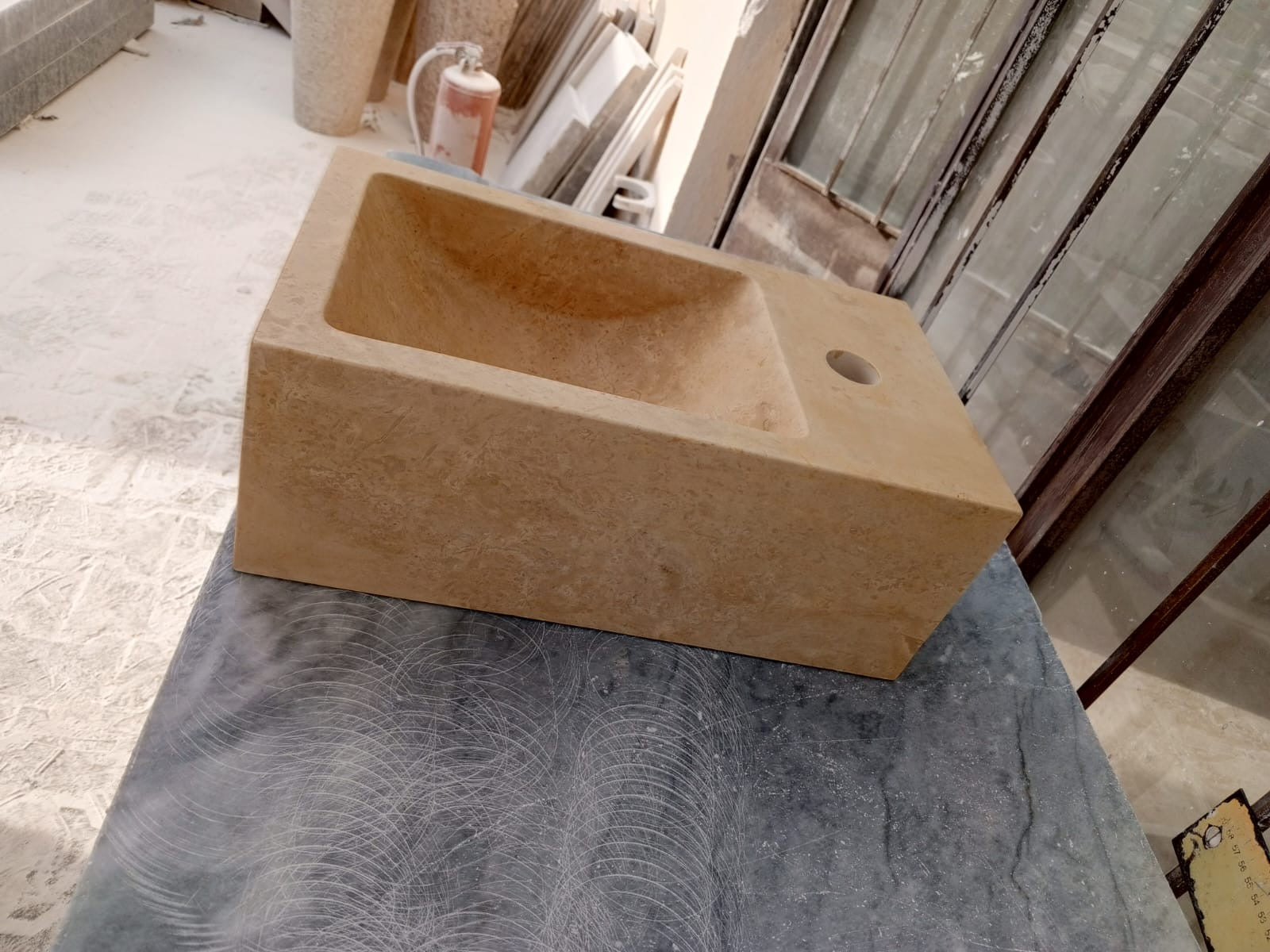 Corner Wall Small Bathroom Sink, Travertine Marble Sink, Beige Stone Sink with Faucet Hole