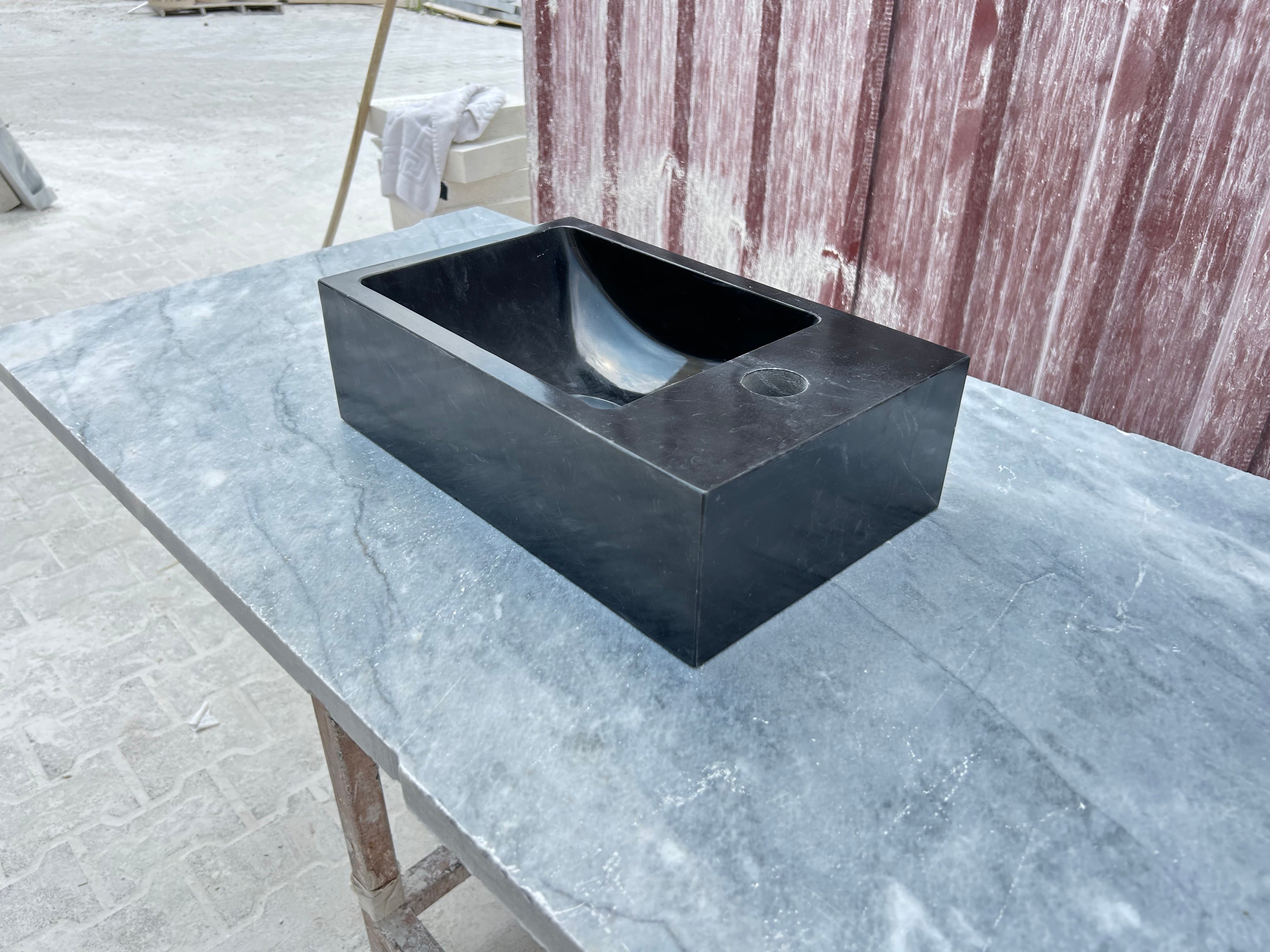 Corner Wall Small Bathroom Sink, Black Marble Sink, Nero Marquina Stone Sink with Faucet Hole