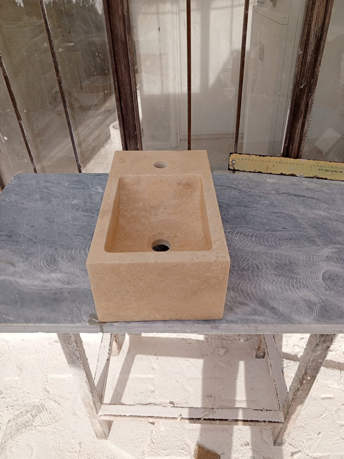 Corner Wall Small Bathroom Sink, Travertine Marble Sink, Beige Stone Sink with Faucet Hole