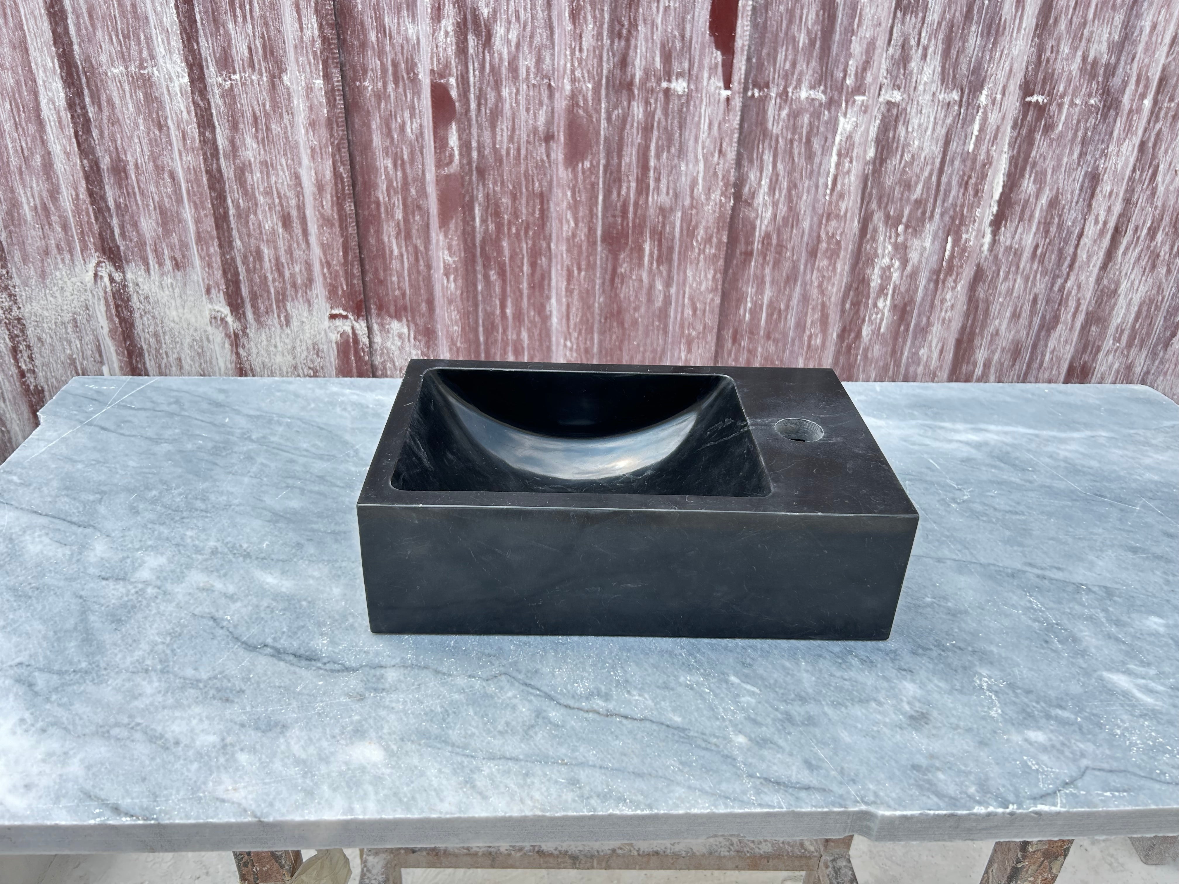 Corner Wall Small Bathroom Sink, Black Marble Sink, Nero Marquina Stone Sink with Faucet Hole