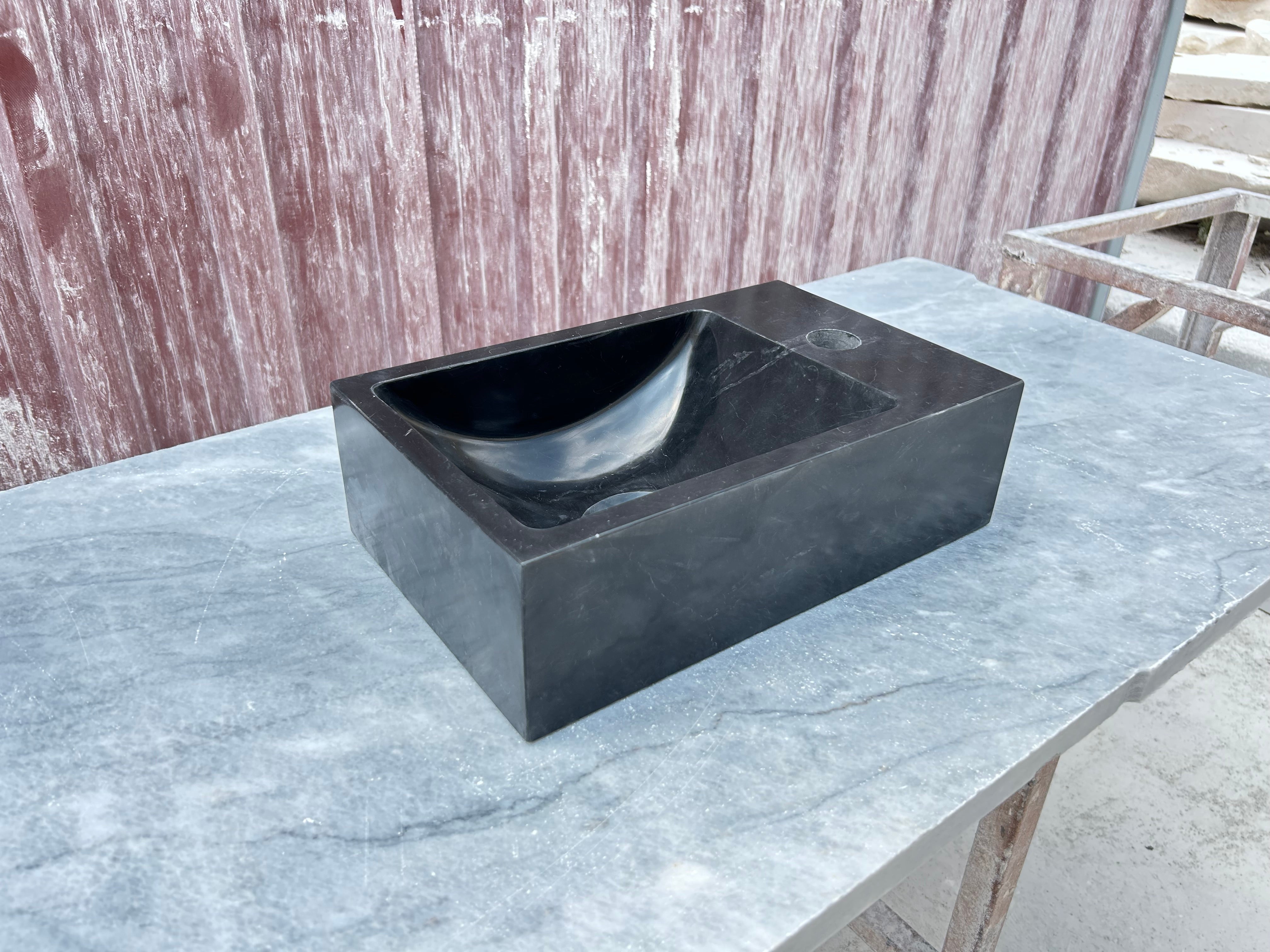 Corner Wall Small Bathroom Sink, Black Marble Sink, Nero Marquina Stone Sink with Faucet Hole