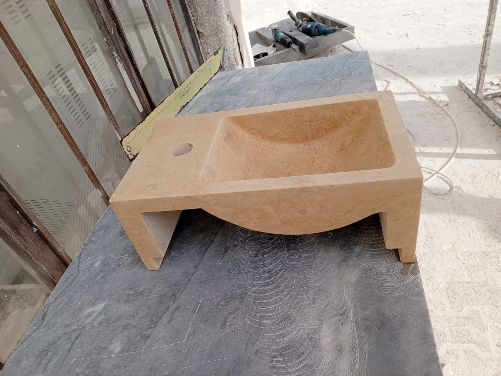 Corner Wall Small Bathroom Sink, Travertine Marble Sink, Beige Stone Sink with Faucet Hole