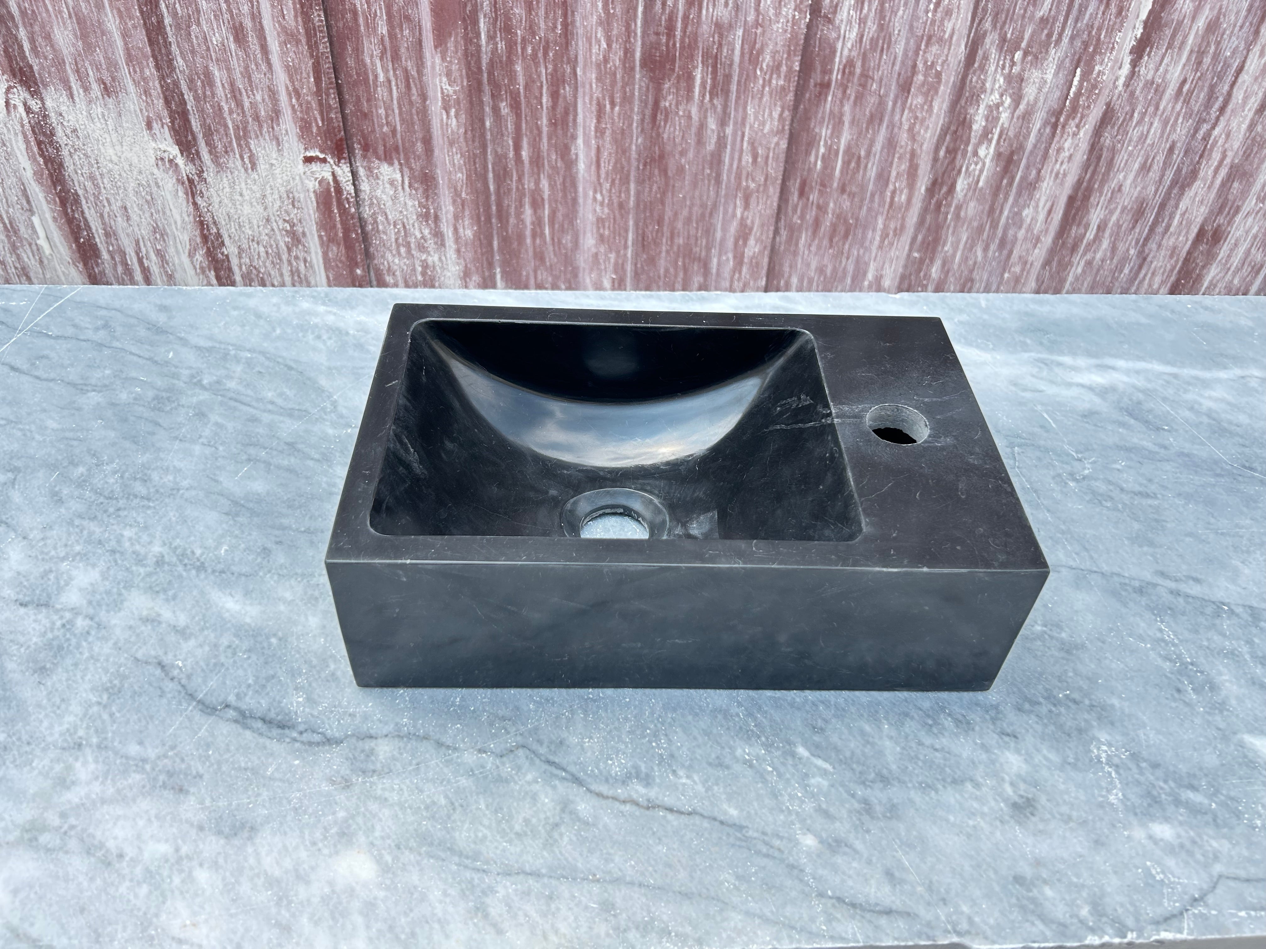 Corner Wall Small Bathroom Sink, Black Marble Sink, Nero Marquina Stone Sink with Faucet Hole