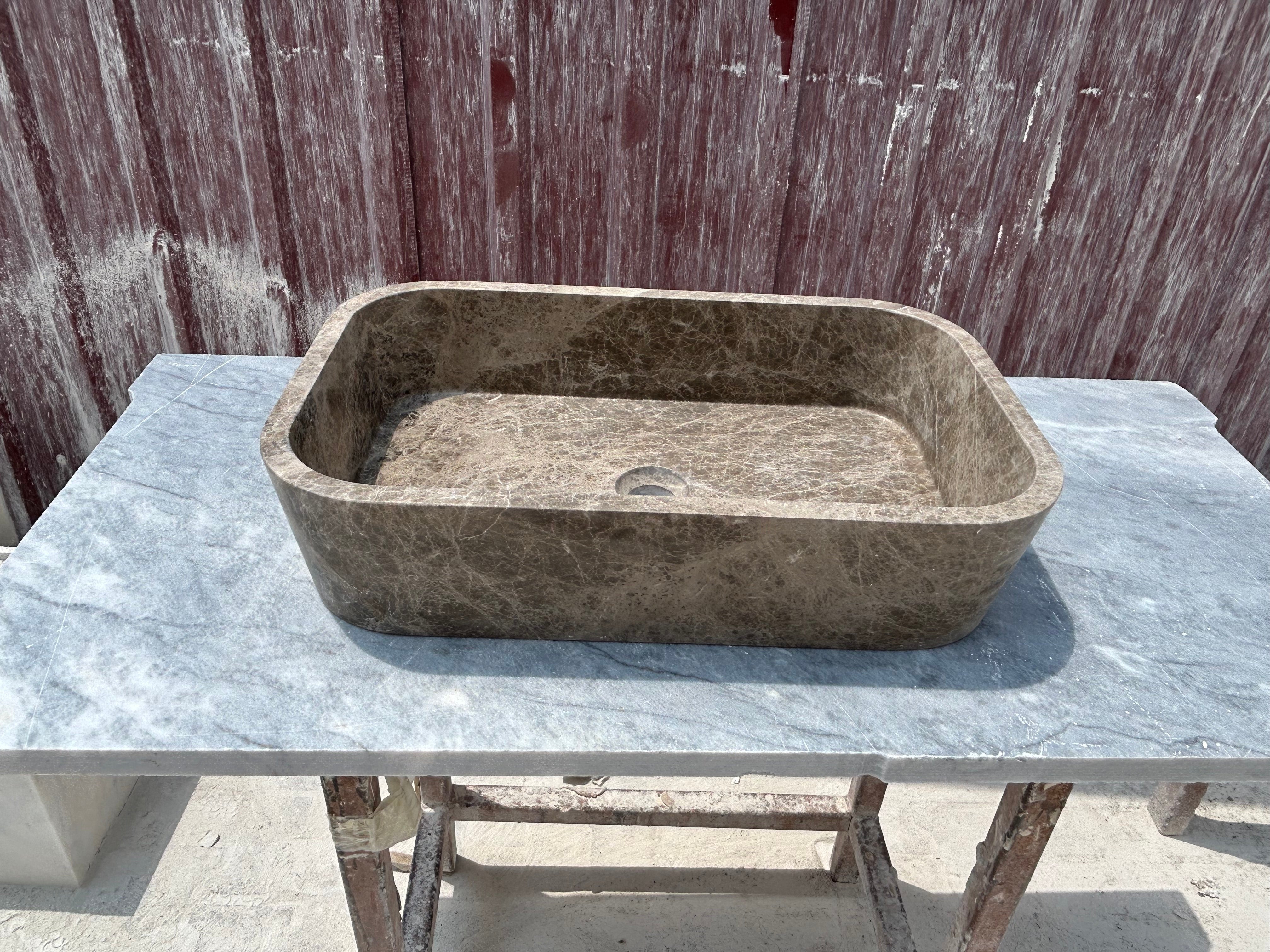 Brown Marble Vessel Sink, Dark Emperador Farmhouse Kitchen Sink, Marble Sink on Top of Bathroom Vanity