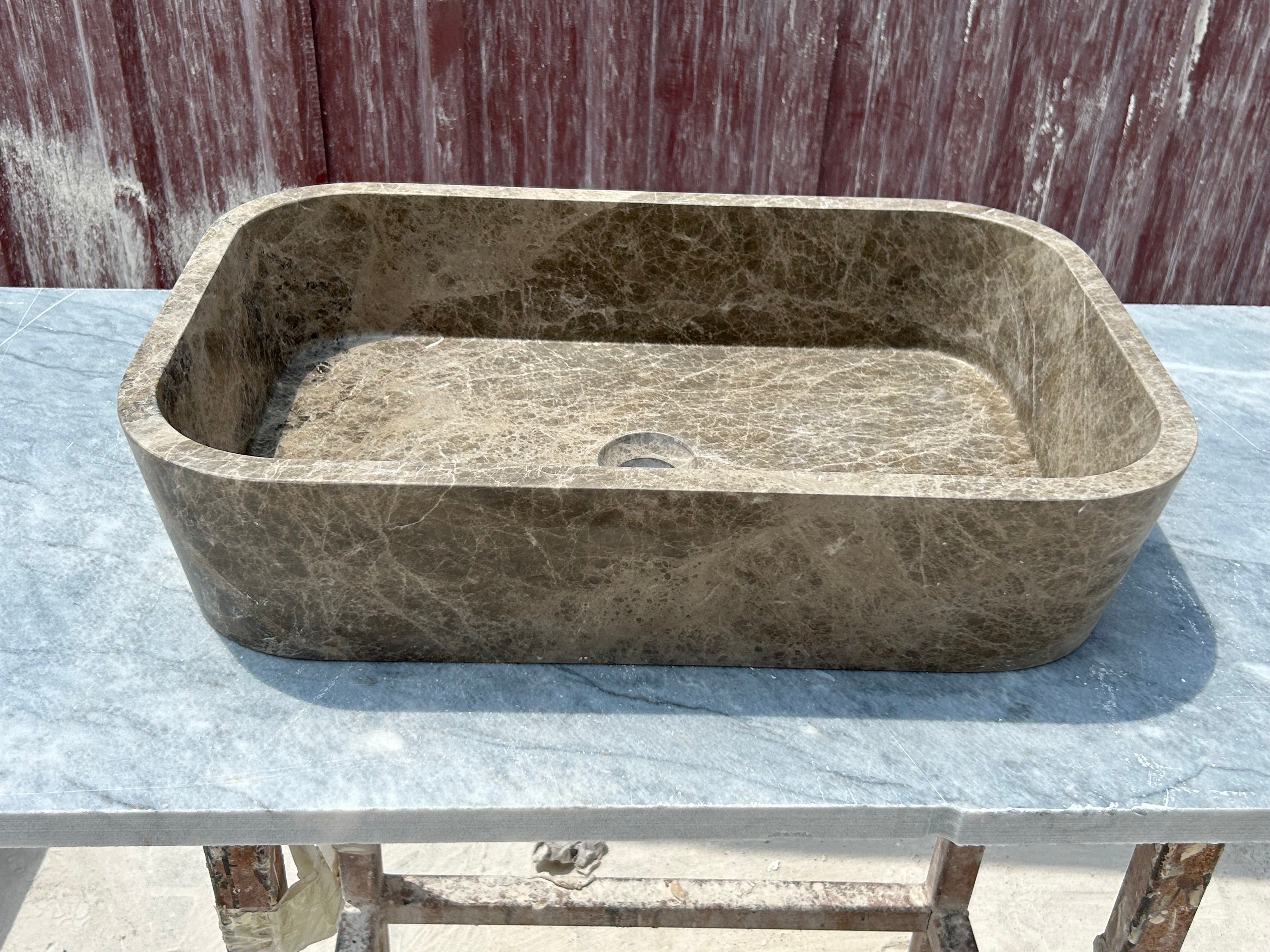 Brown Marble Vessel Sink, Dark Emperador Farmhouse Kitchen Sink, Marble Sink on Top of Bathroom Vanity