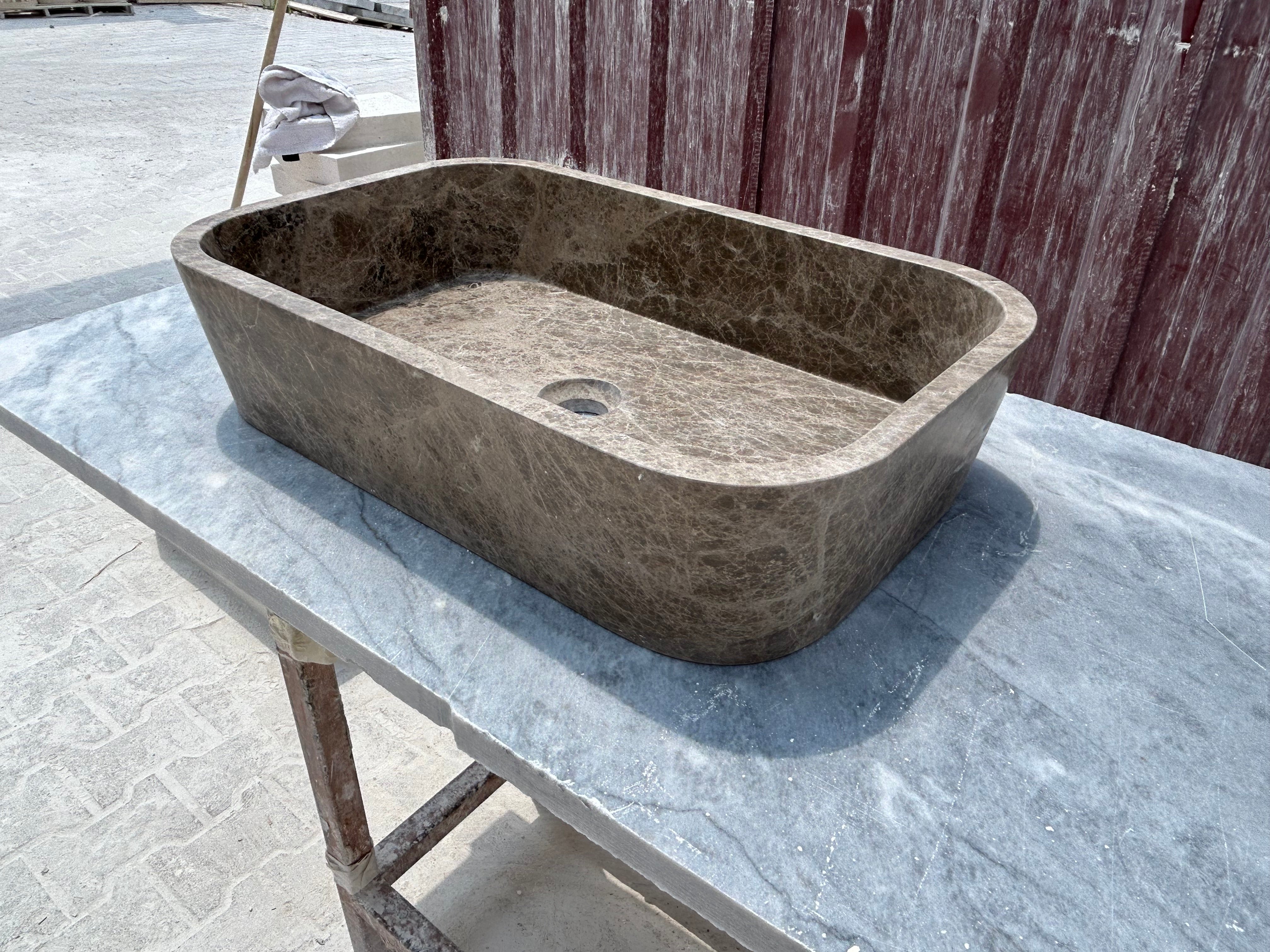 Brown Marble Vessel Sink, Dark Emperador Farmhouse Kitchen Sink, Marble Sink on Top of Bathroom Vanity