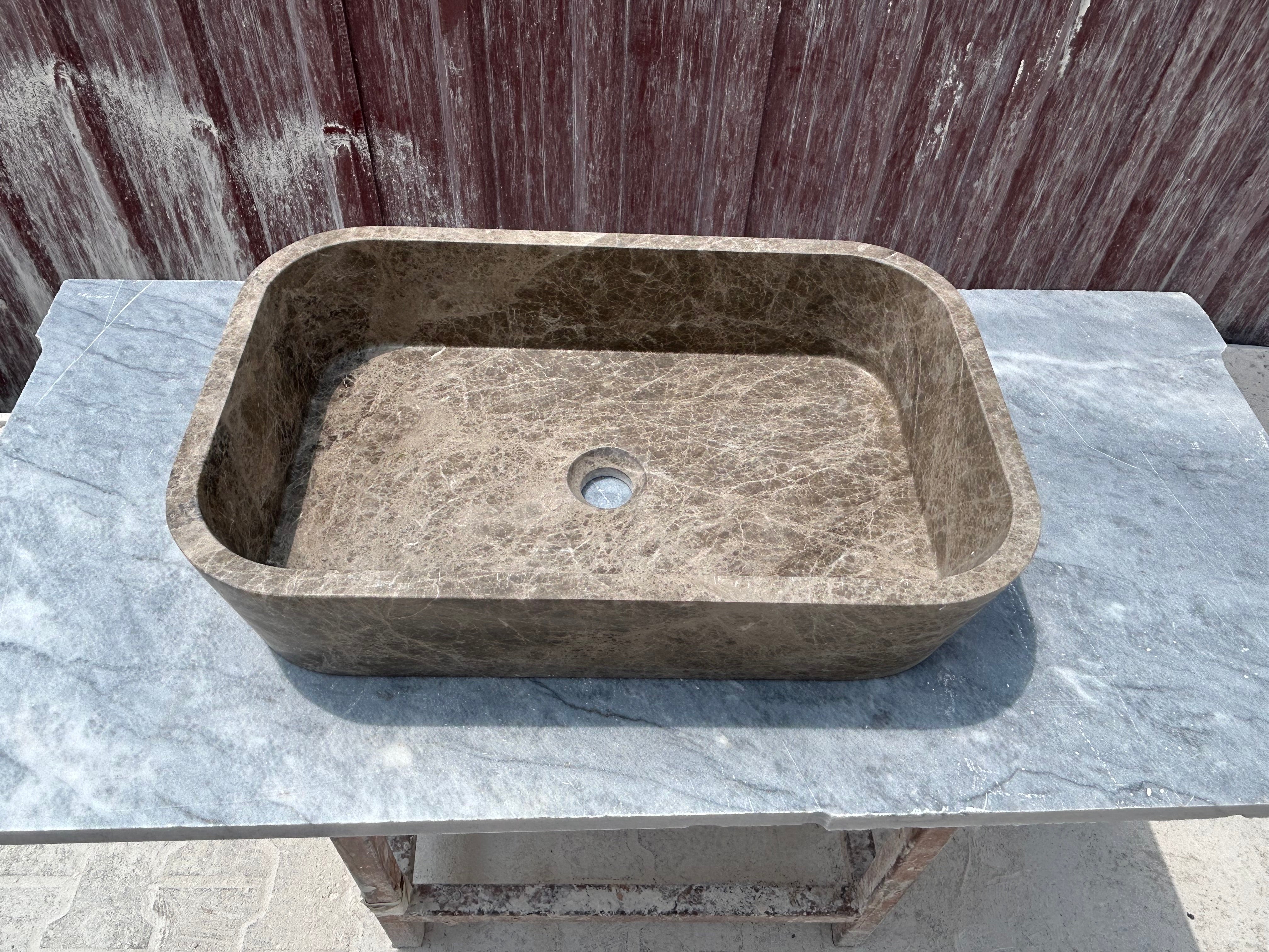 Brown Marble Vessel Sink, Dark Emperador Farmhouse Kitchen Sink, Marble Sink on Top of Bathroom Vanity