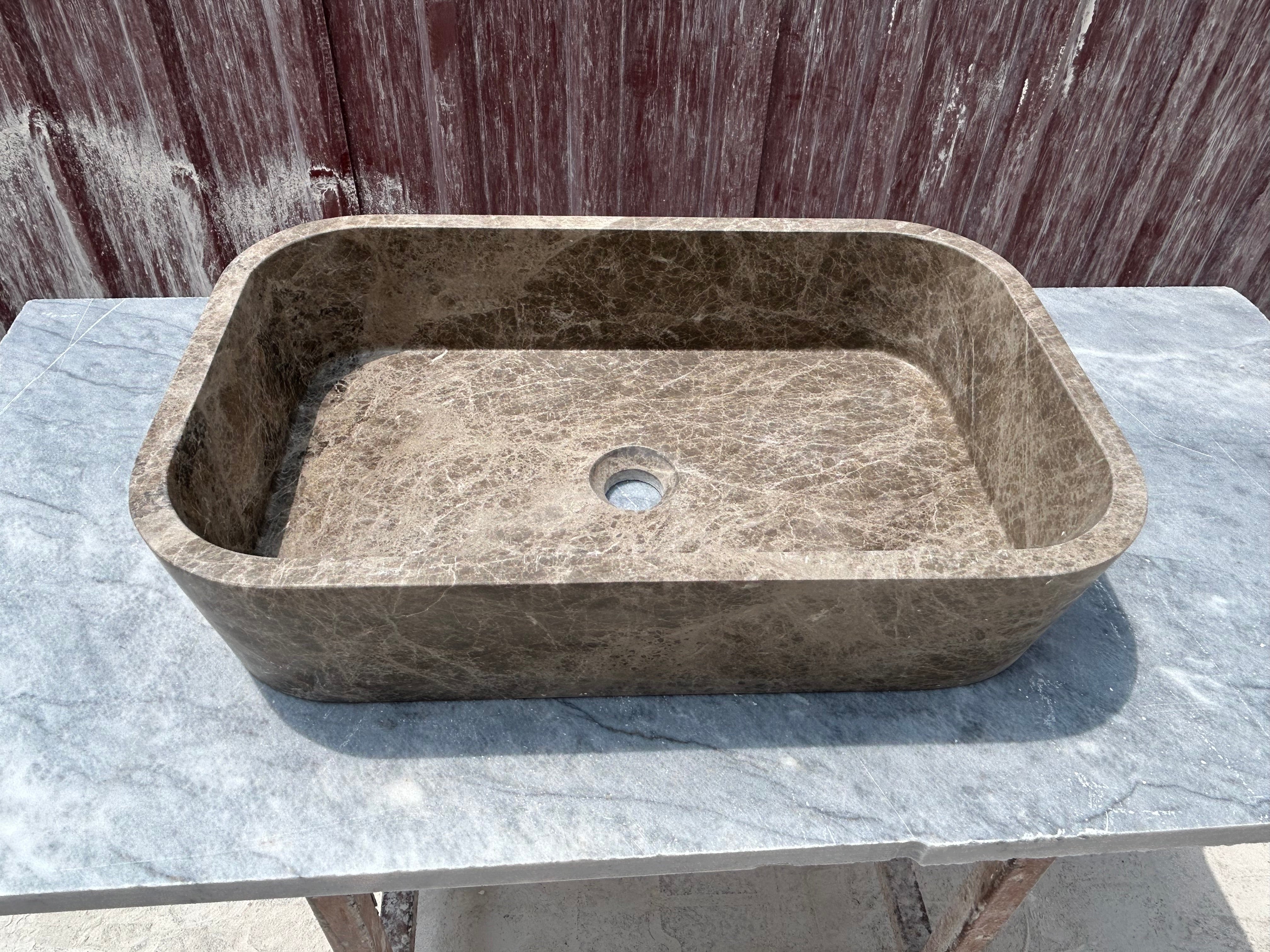 Brown Marble Vessel Sink, Dark Emperador Farmhouse Kitchen Sink, Marble Sink on Top of Bathroom Vanity