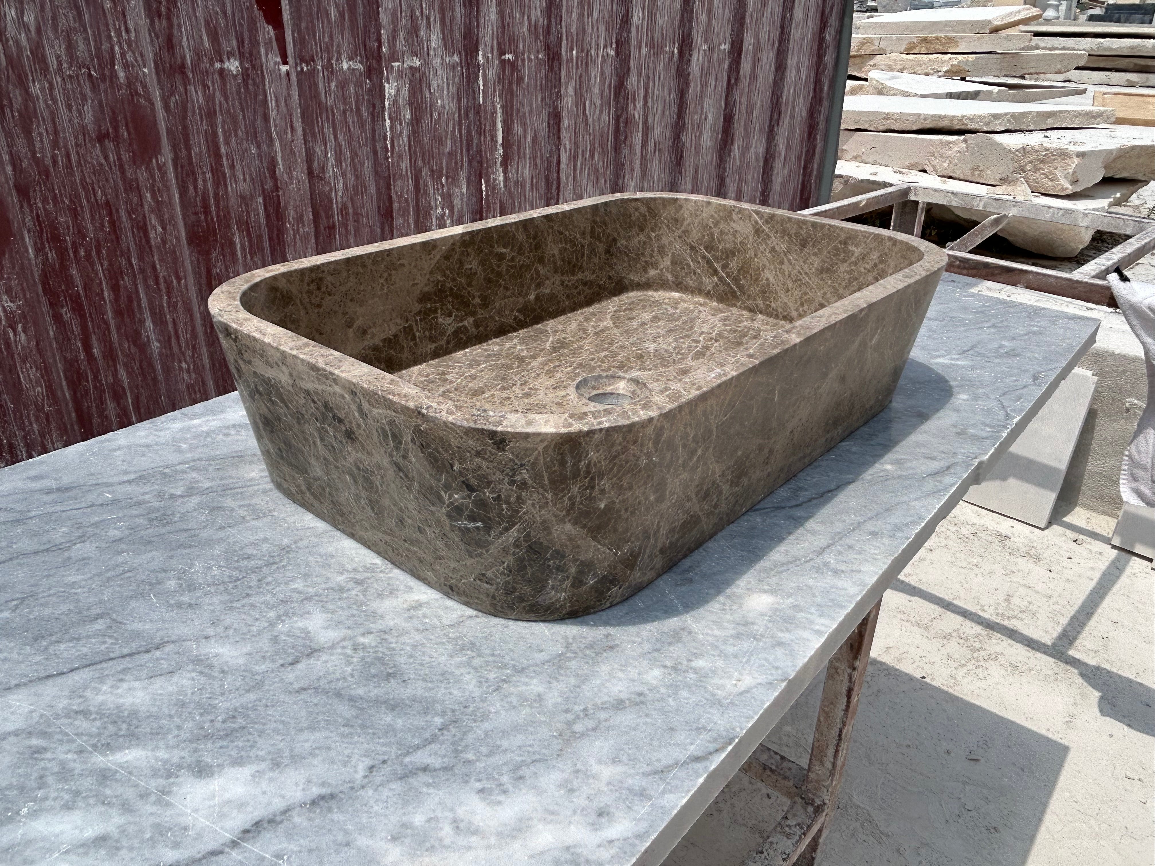 Brown Marble Vessel Sink, Dark Emperador Farmhouse Kitchen Sink, Marble Sink on Top of Bathroom Vanity