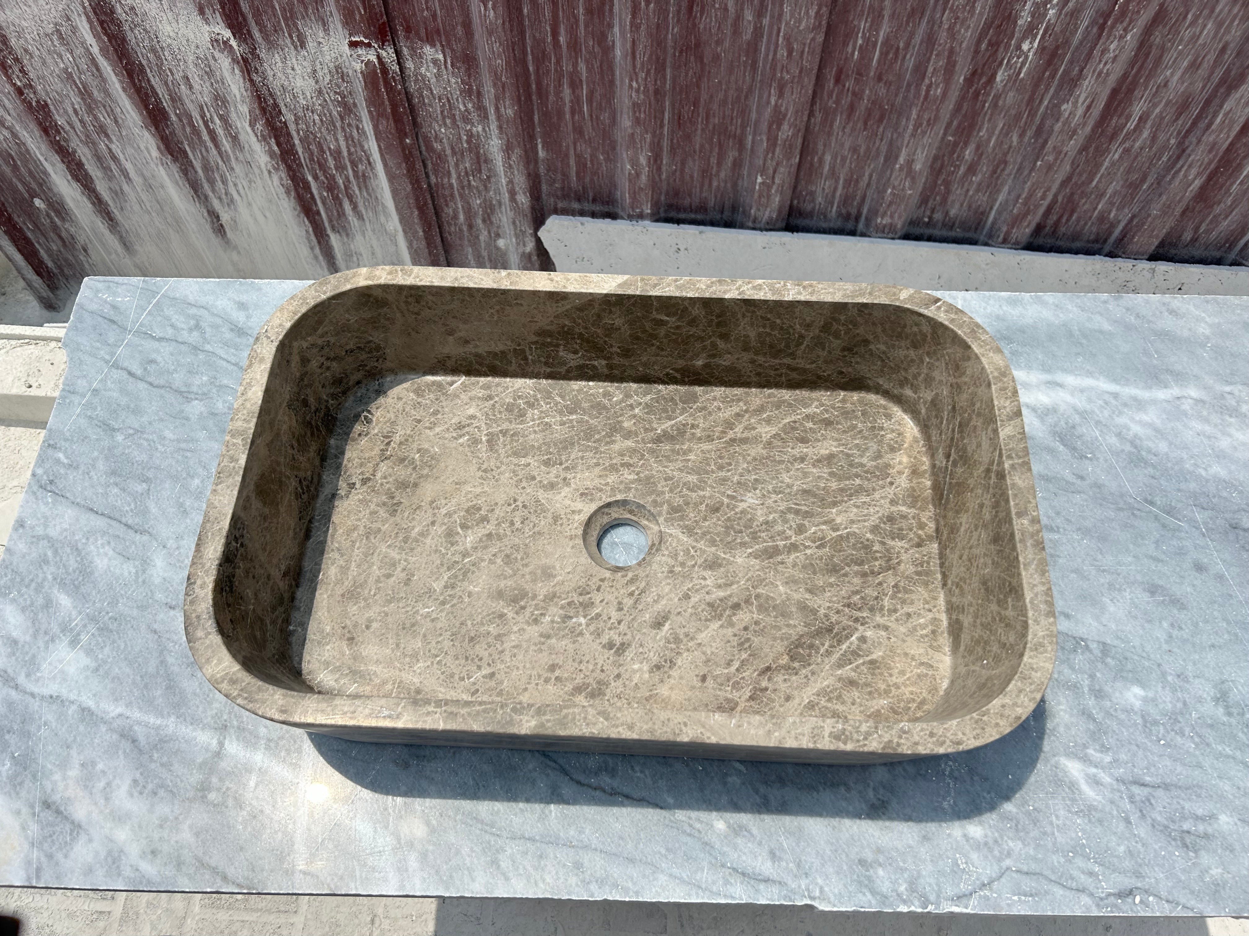 Brown Marble Vessel Sink, Dark Emperador Farmhouse Kitchen Sink, Marble Sink on Top of Bathroom Vanity