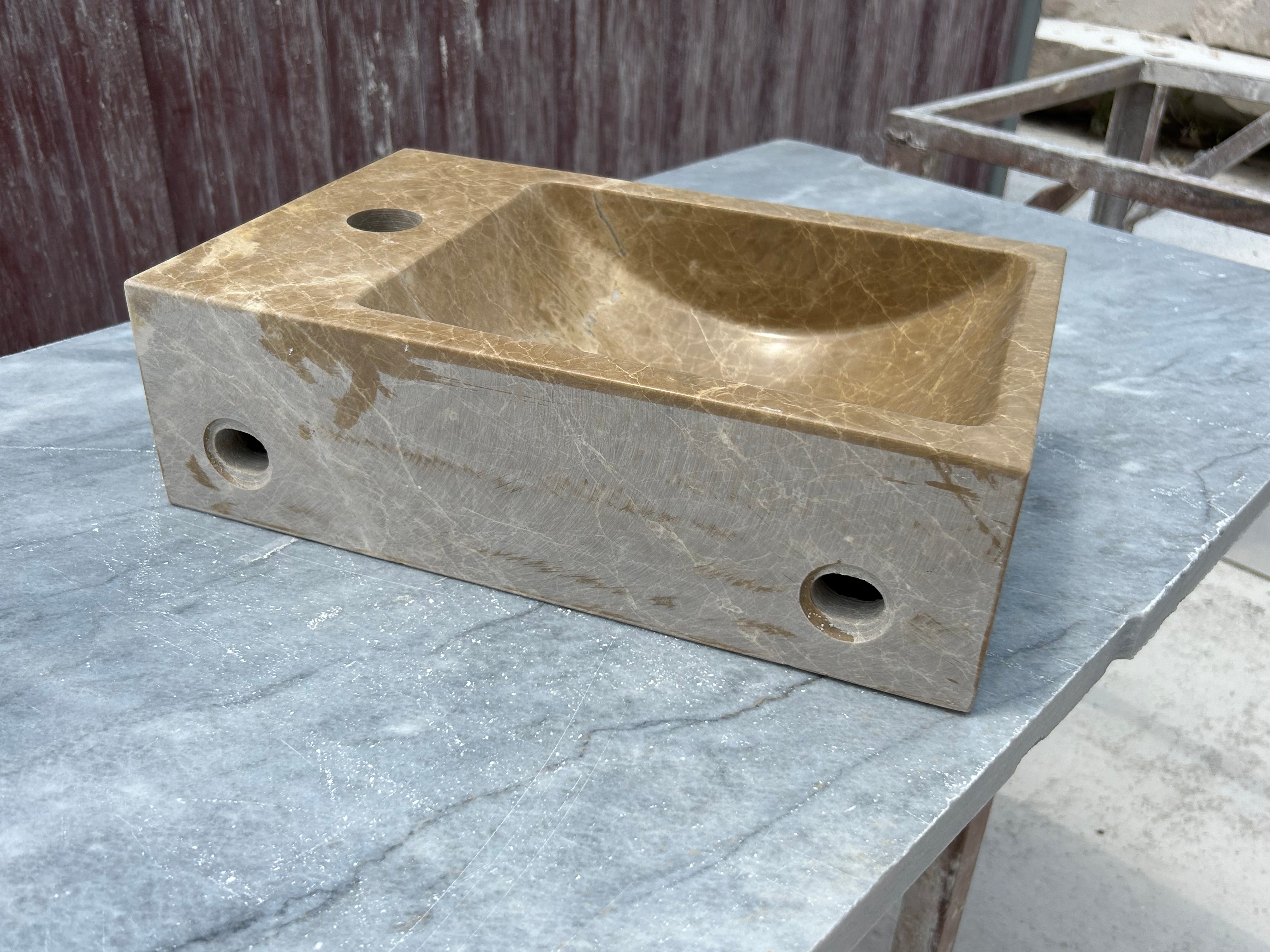 Corner Wall Small Bathroom Sink, Brown Marble Sink, Dark Emperador Stone Sink with Faucet Hole