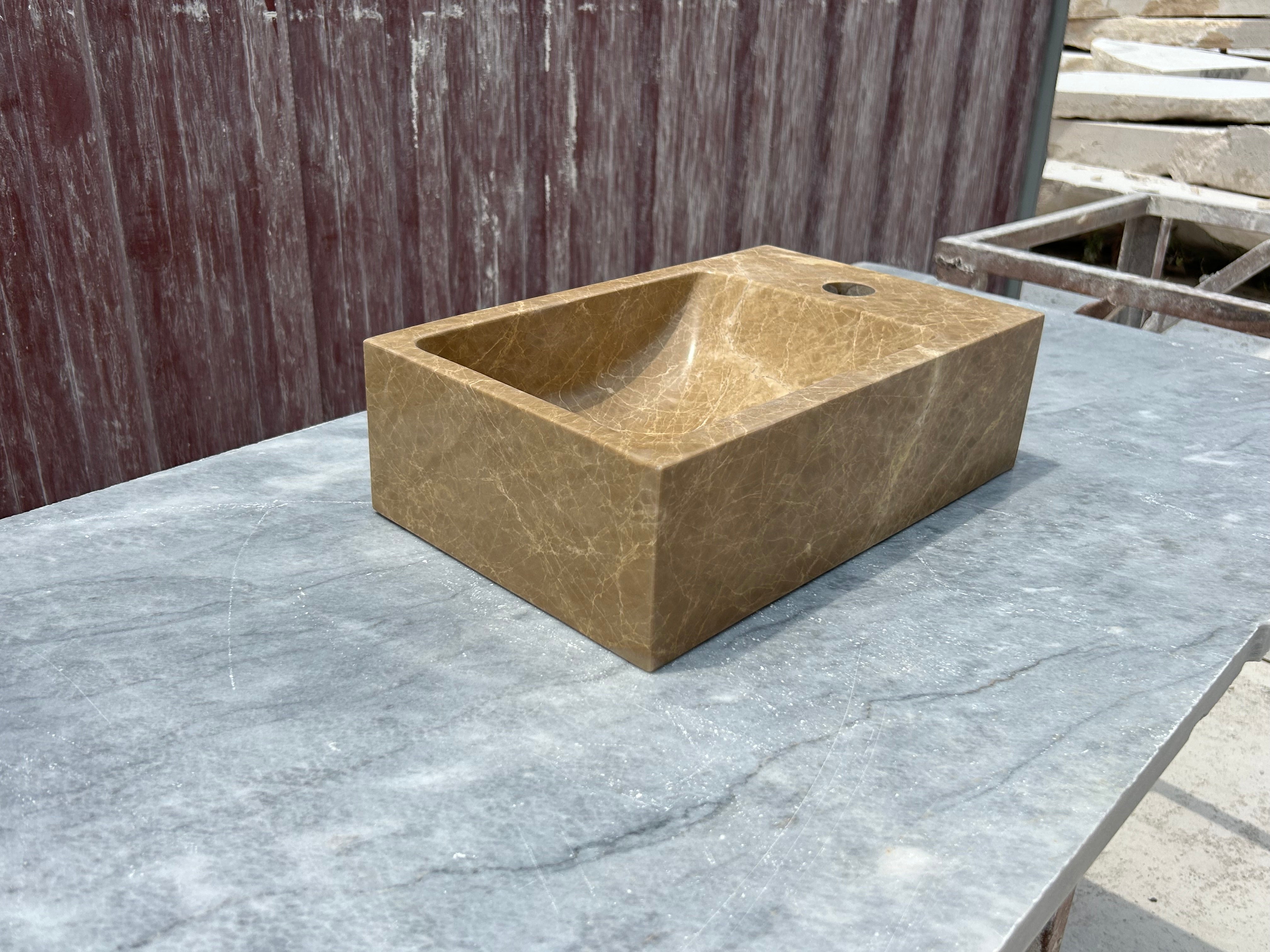 Corner Wall Small Bathroom Sink, Brown Marble Sink, Dark Emperador Stone Sink with Faucet Hole