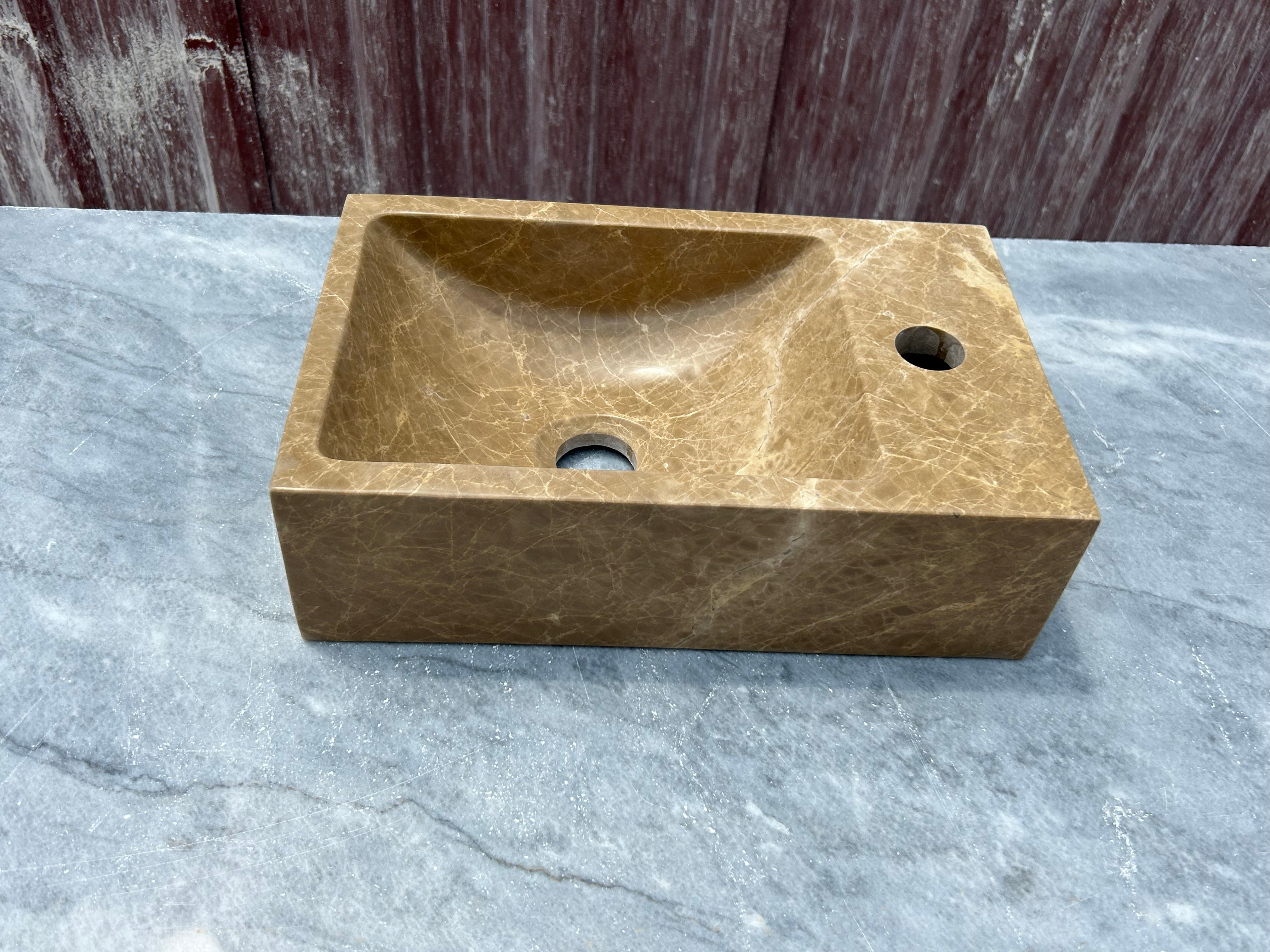 Corner Wall Small Bathroom Sink, Brown Marble Sink, Dark Emperador Stone Sink with Faucet Hole