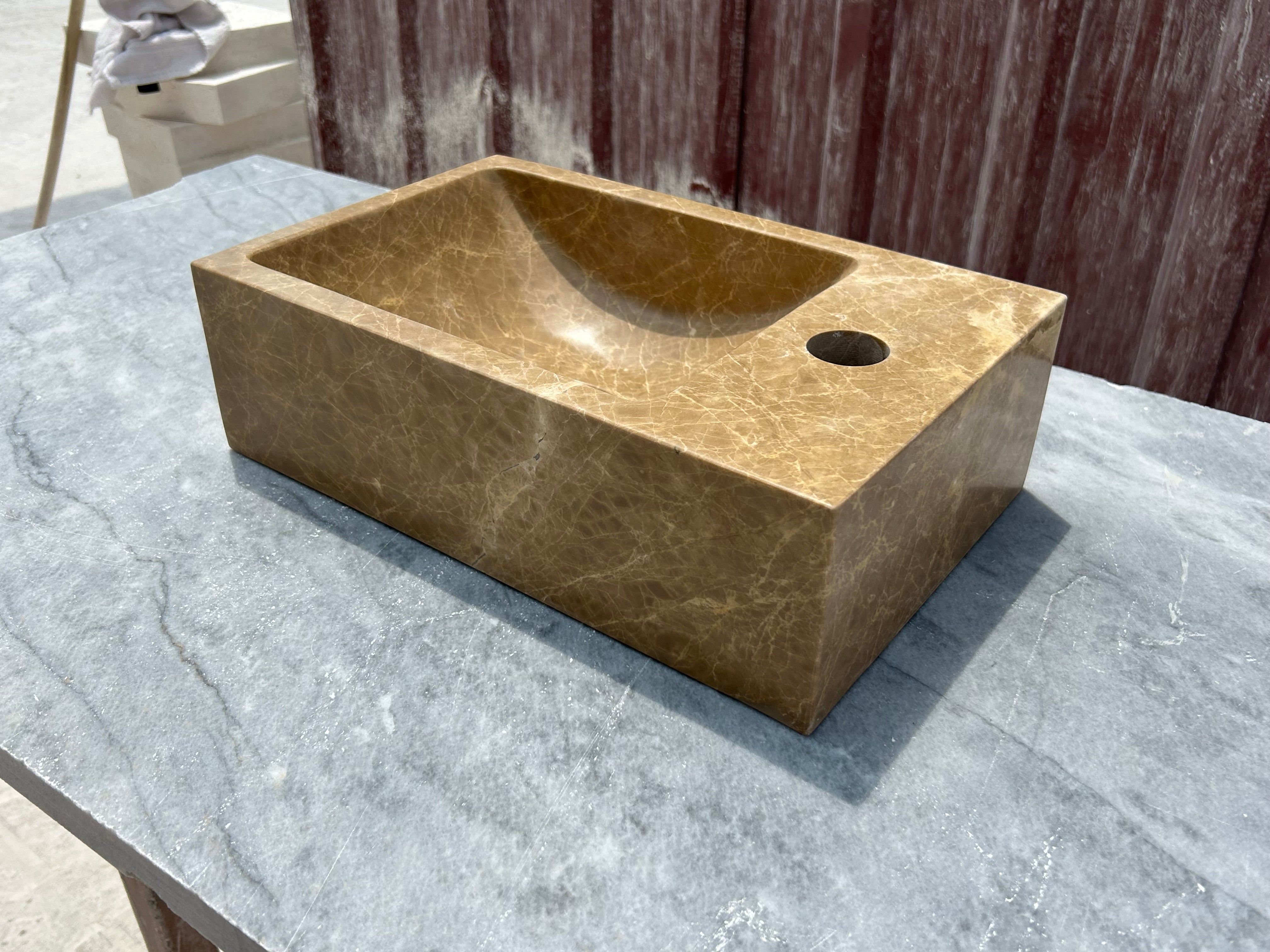 Corner Wall Small Bathroom Sink, Brown Marble Sink, Dark Emperador Stone Sink with Faucet Hole