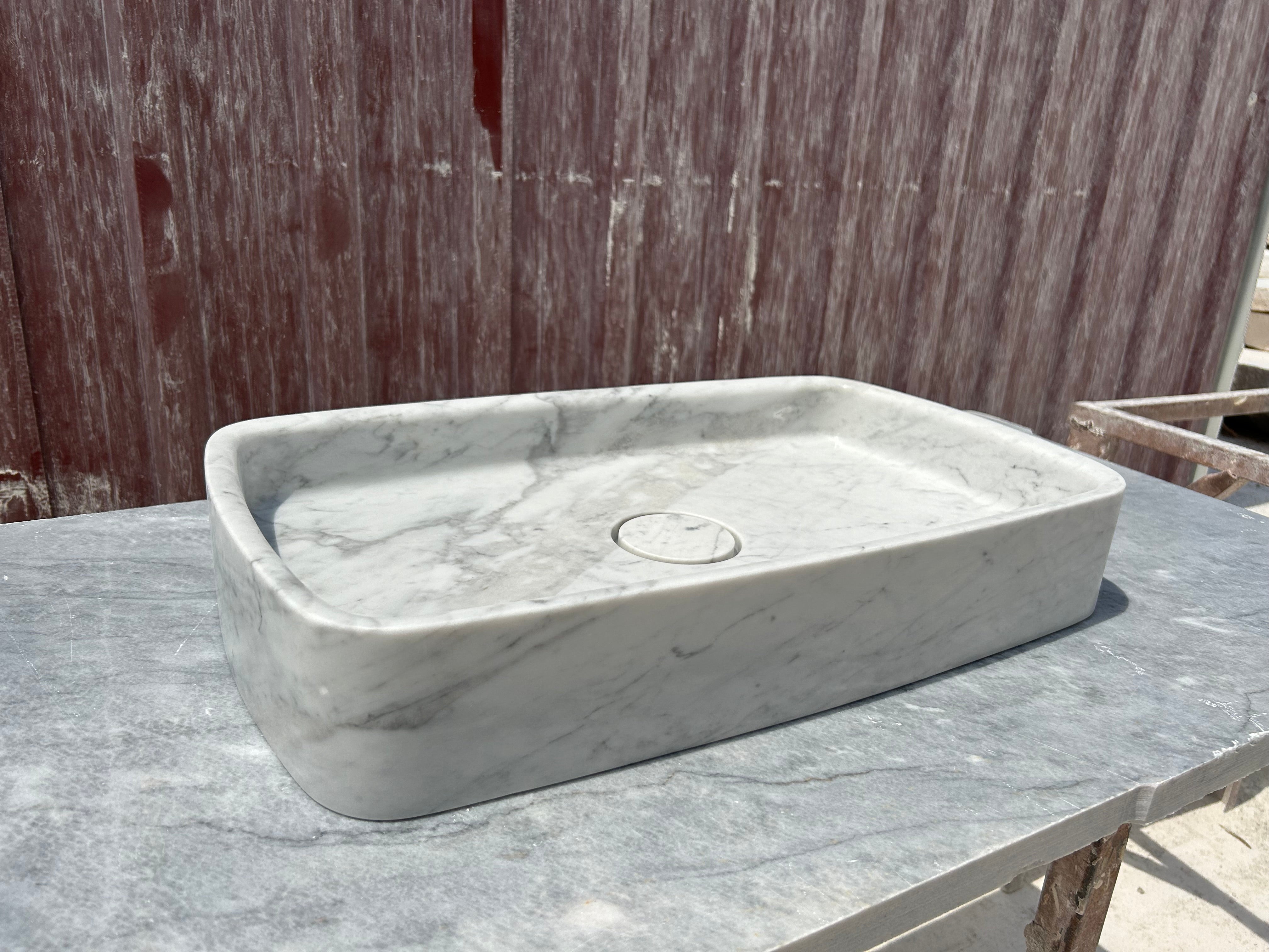 Calacatta Gold Marble Sink, White Marble Vessel Sink on Top of Bathroom Vanity with Marble Sink Strainer Cover