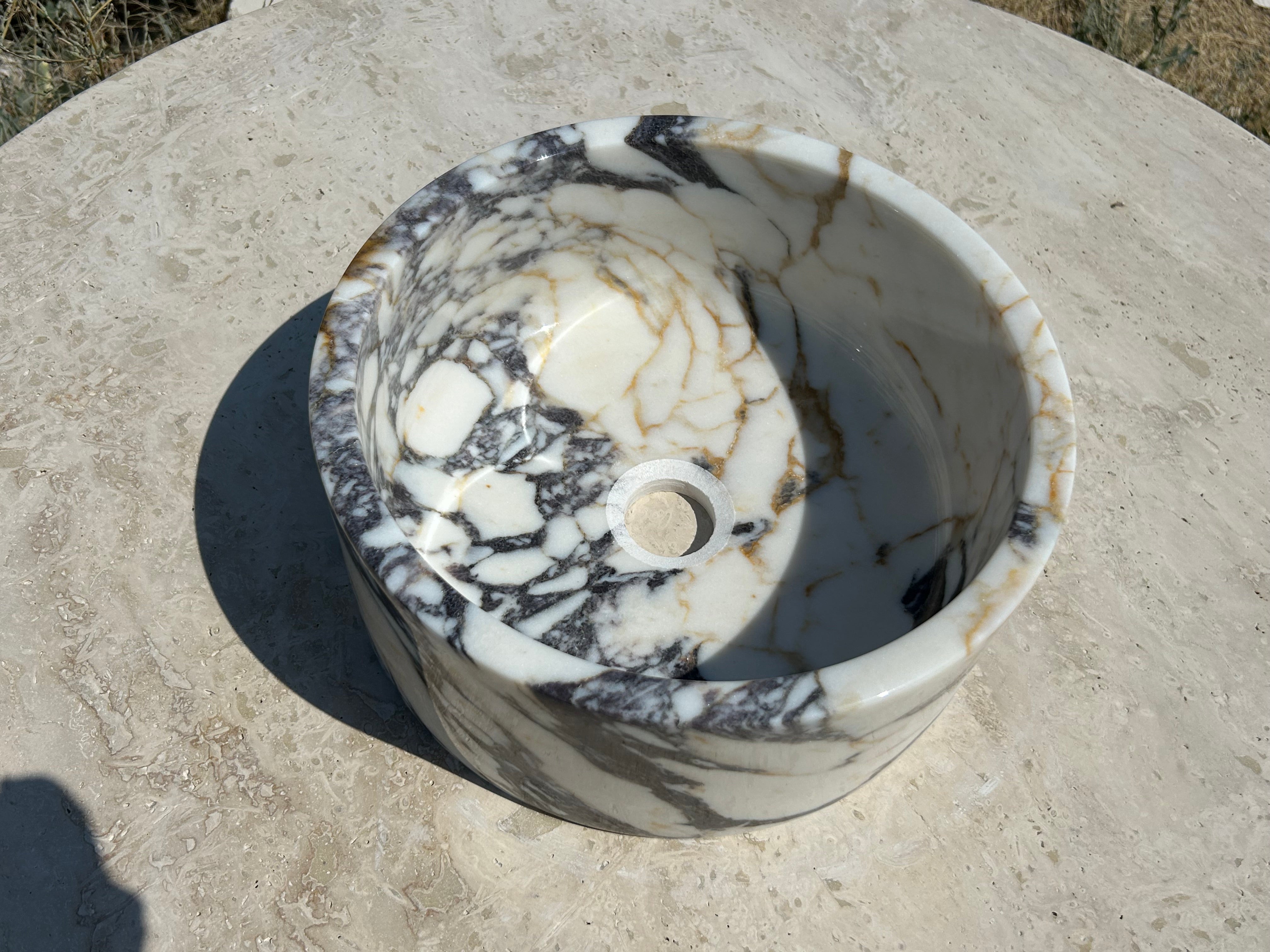 Calacatta Viola Sink Bowl, 16 inch Round White Marble Sink Bathroom Vanity Top for Rustic Farmhouse