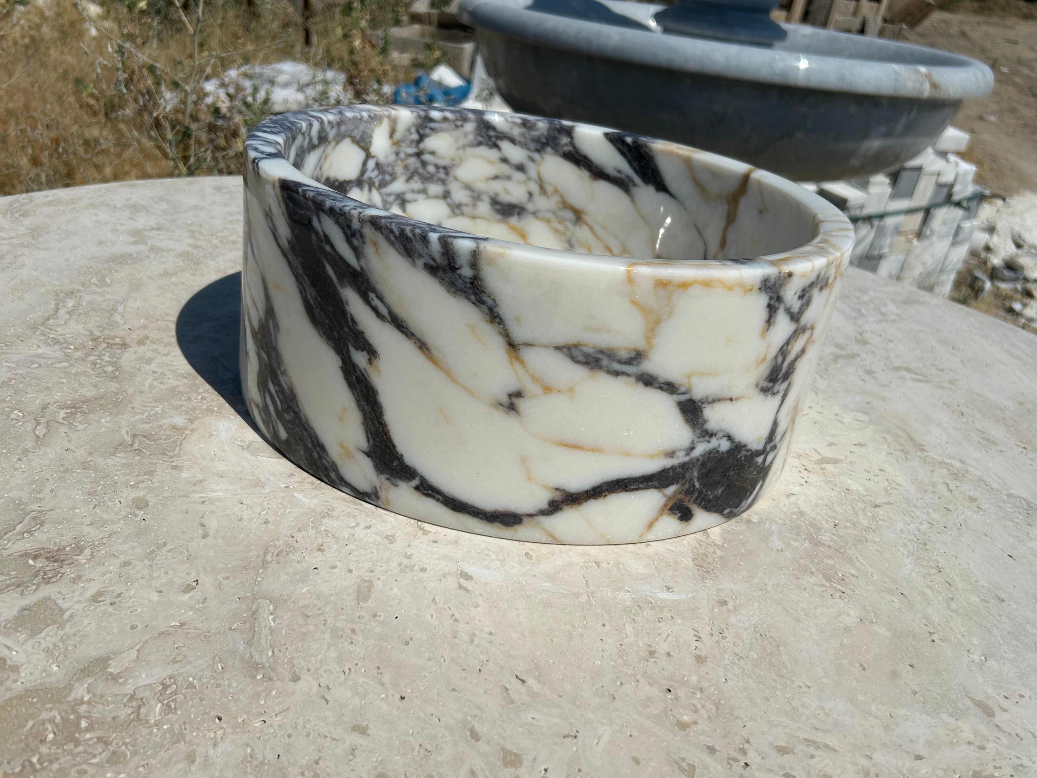 Calacatta Viola Sink Bowl, 16 inch Round White Marble Sink Bathroom Vanity Top for Rustic Farmhouse