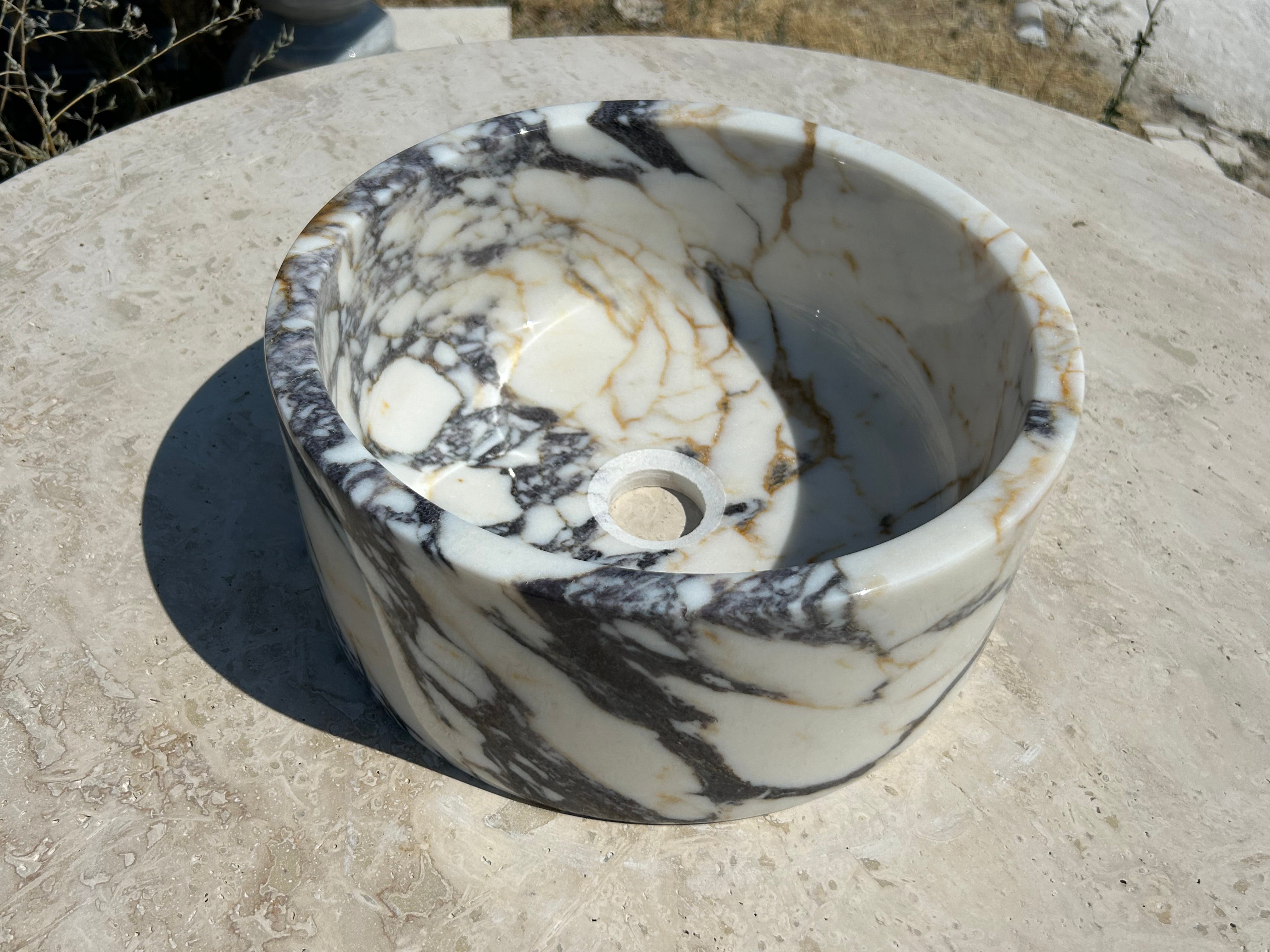 Calacatta Viola Sink Bowl, 16 inch Round White Marble Sink Bathroom Vanity Top for Rustic Farmhouse