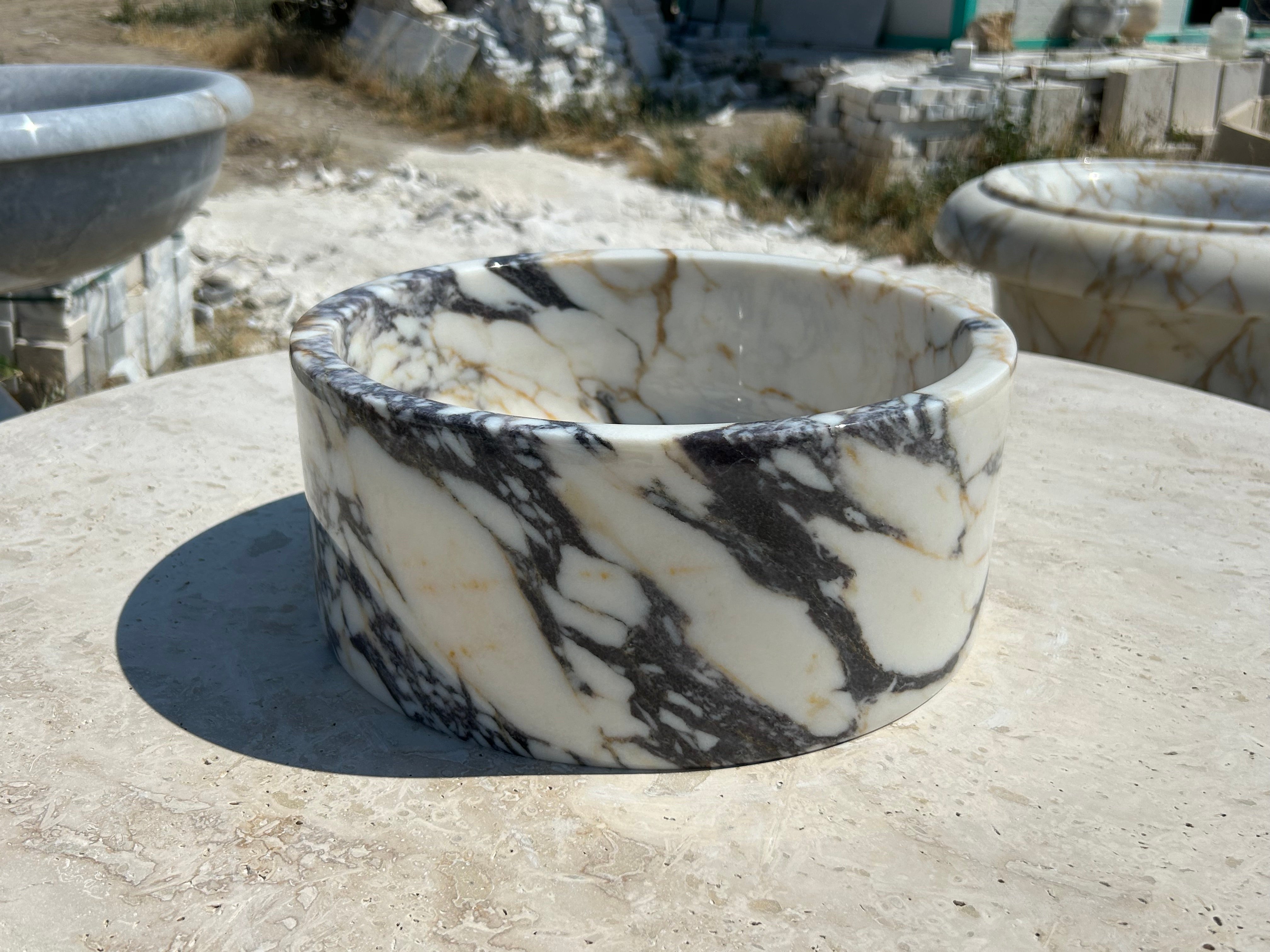 Calacatta Viola Sink Bowl, 16 inch Round White Marble Sink Bathroom Vanity Top for Rustic Farmhouse