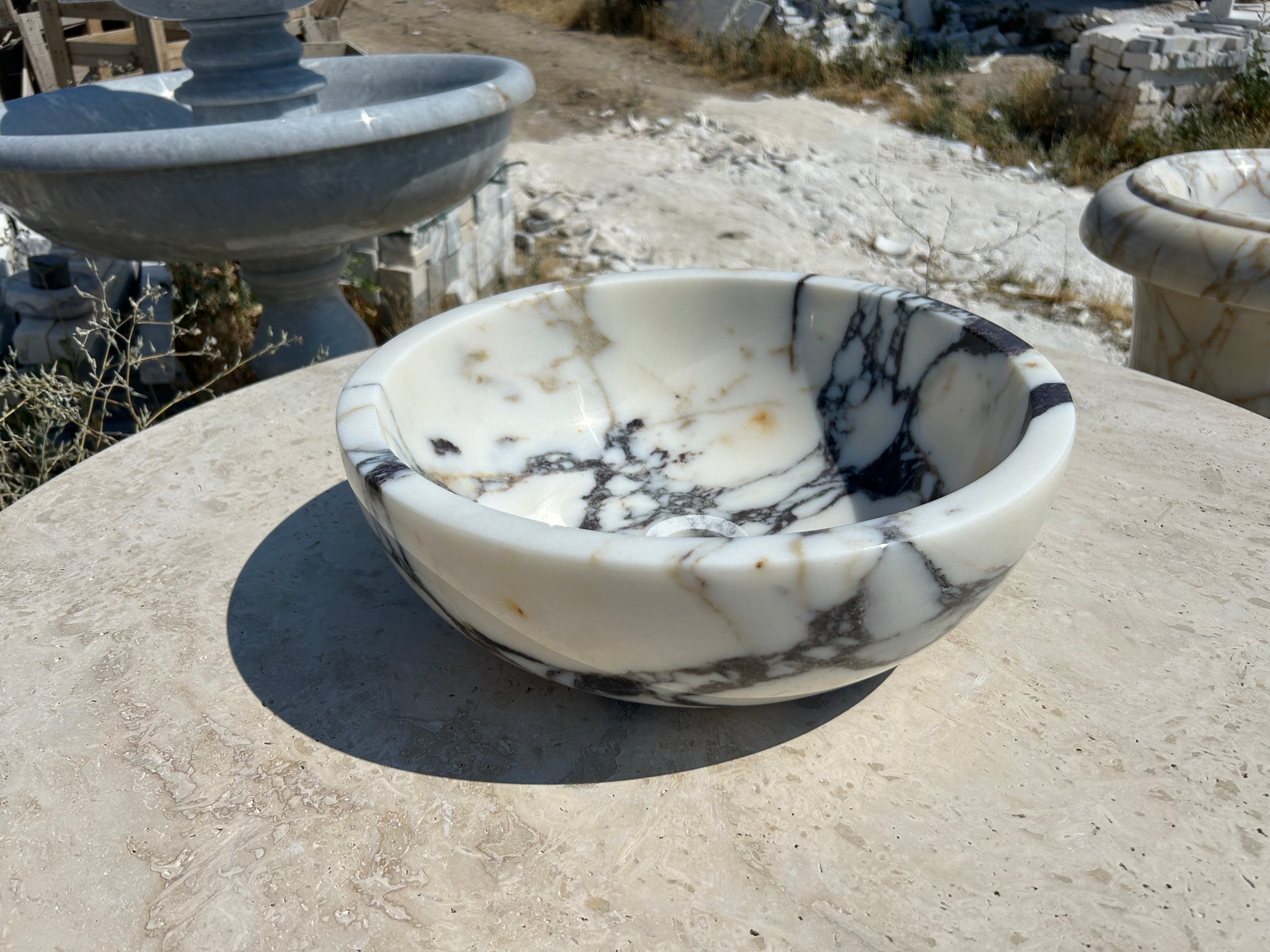 Calacatta Viola Sink Bowl, 16 inch Round White Marble Sink Bathroom Vanity Top for Rustic Farmhouse