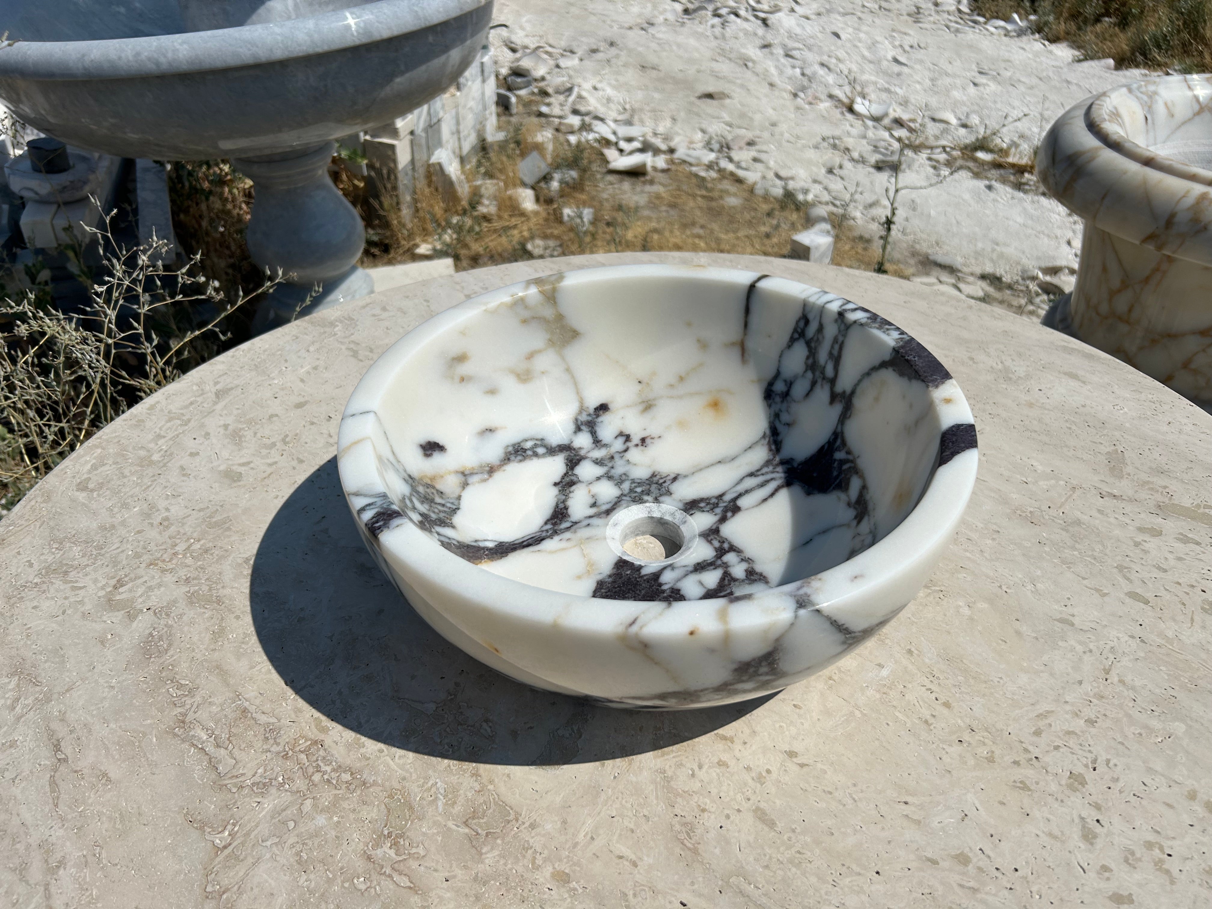 Calacatta Viola Sink Bowl, 16 inch Round White Marble Sink Bathroom Vanity Top for Rustic Farmhouse