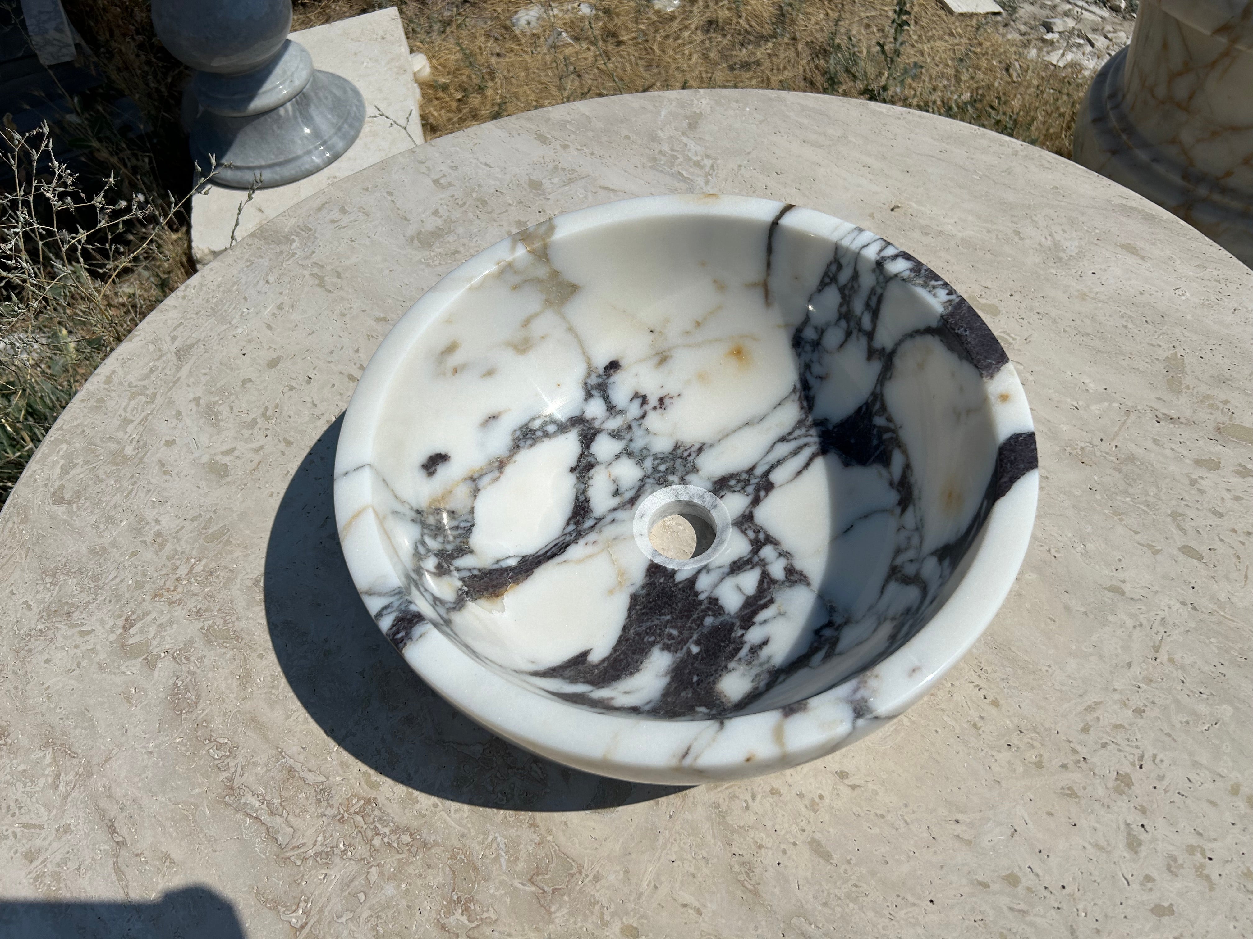 Calacatta Viola Sink Bowl, 16 inch Round White Marble Sink Bathroom Vanity Top for Rustic Farmhouse