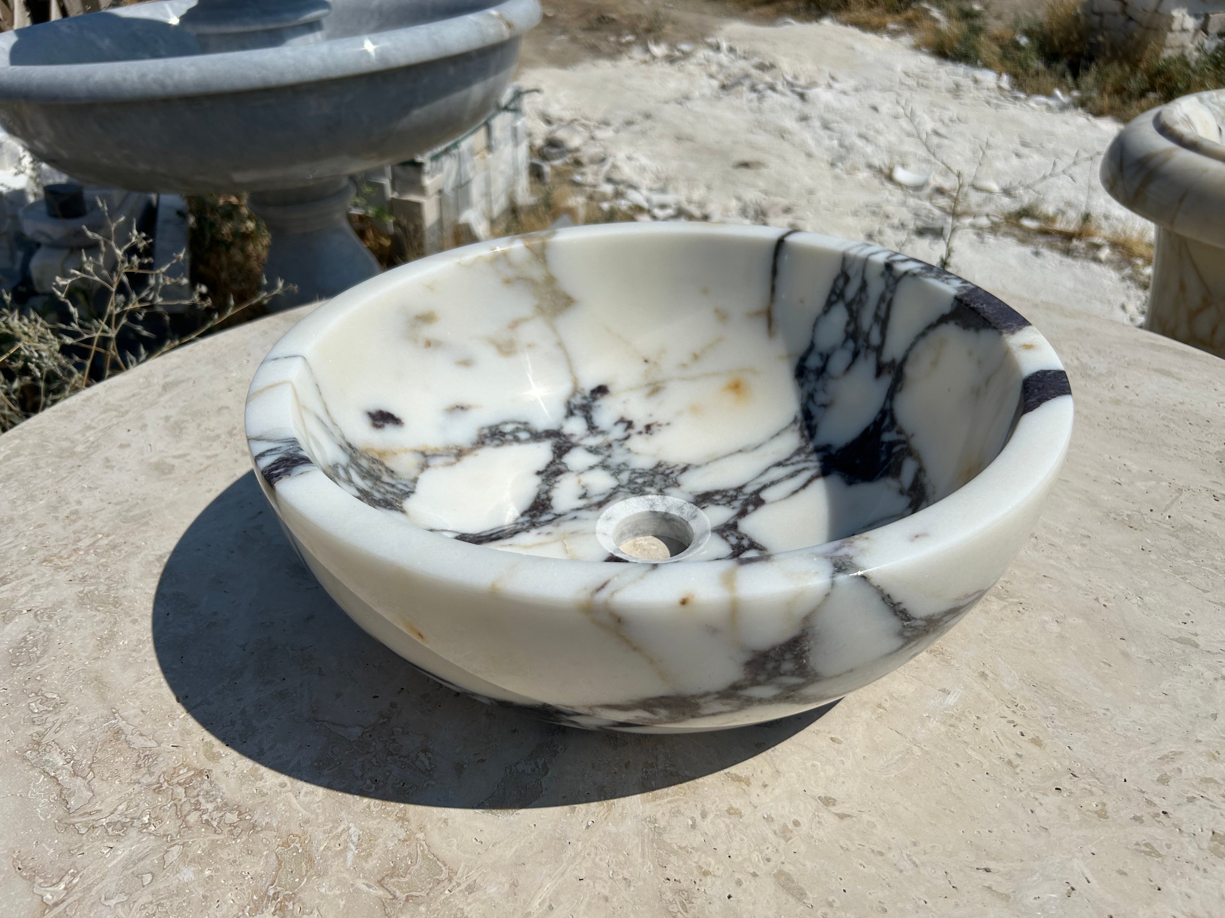 Calacatta Viola Sink Bowl, 16 inch Round White Marble Sink Bathroom Vanity Top for Rustic Farmhouse