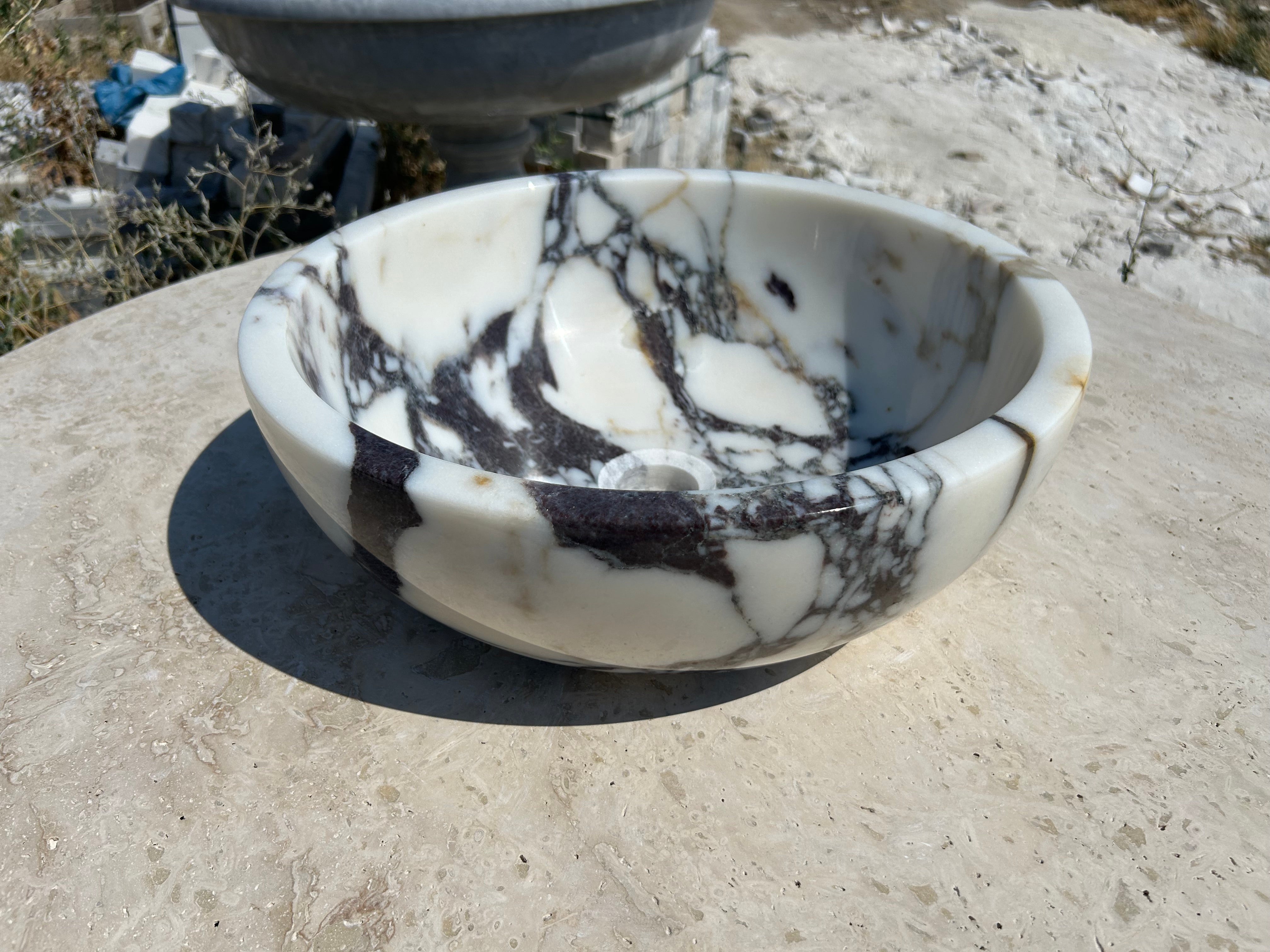 Calacatta Viola Sink Bowl, 16 inch Round White Marble Sink Bathroom Vanity Top for Rustic Farmhouse