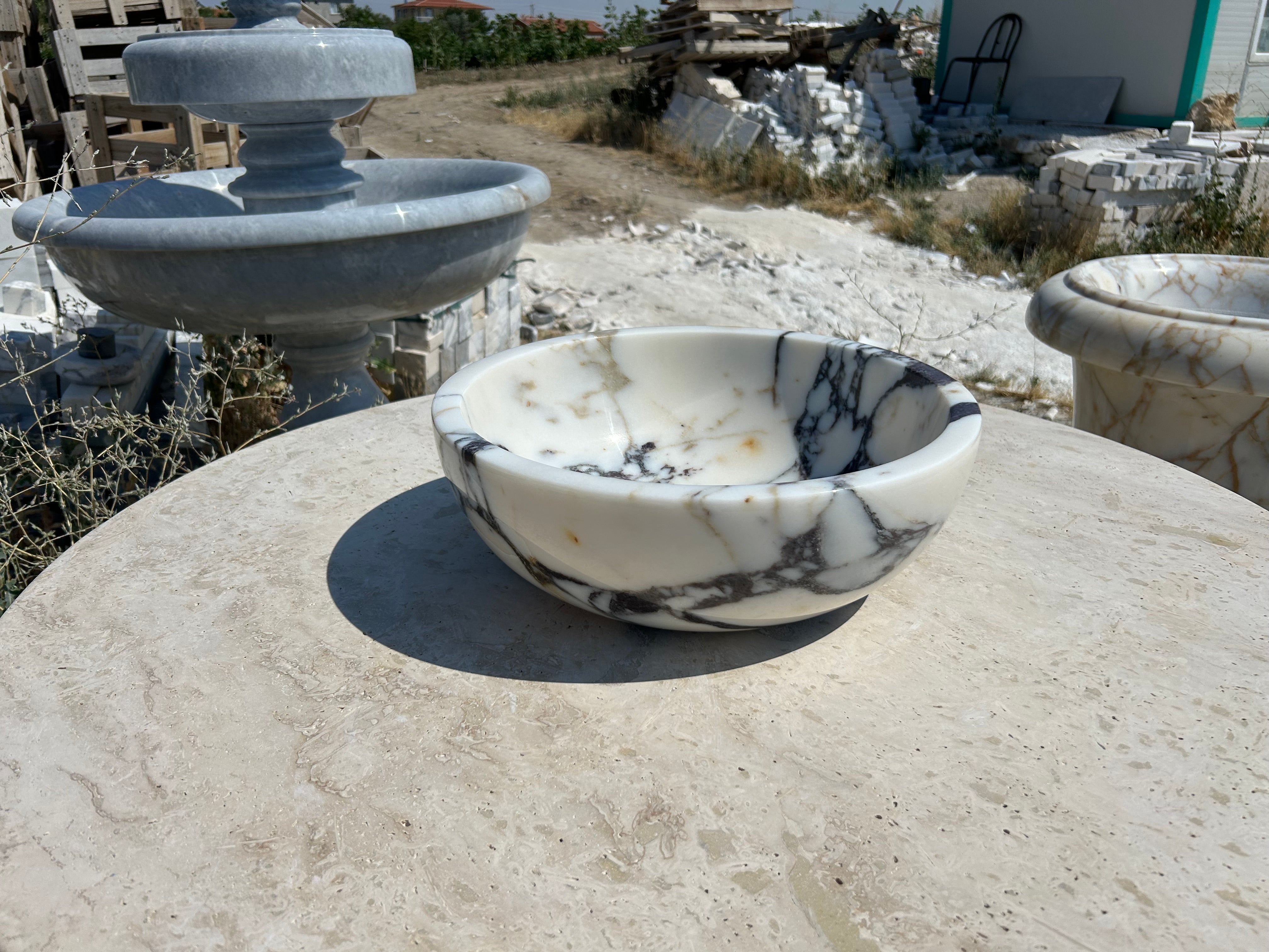 Calacatta Viola Sink Bowl, 16 inch Round White Marble Sink Bathroom Vanity Top for Rustic Farmhouse