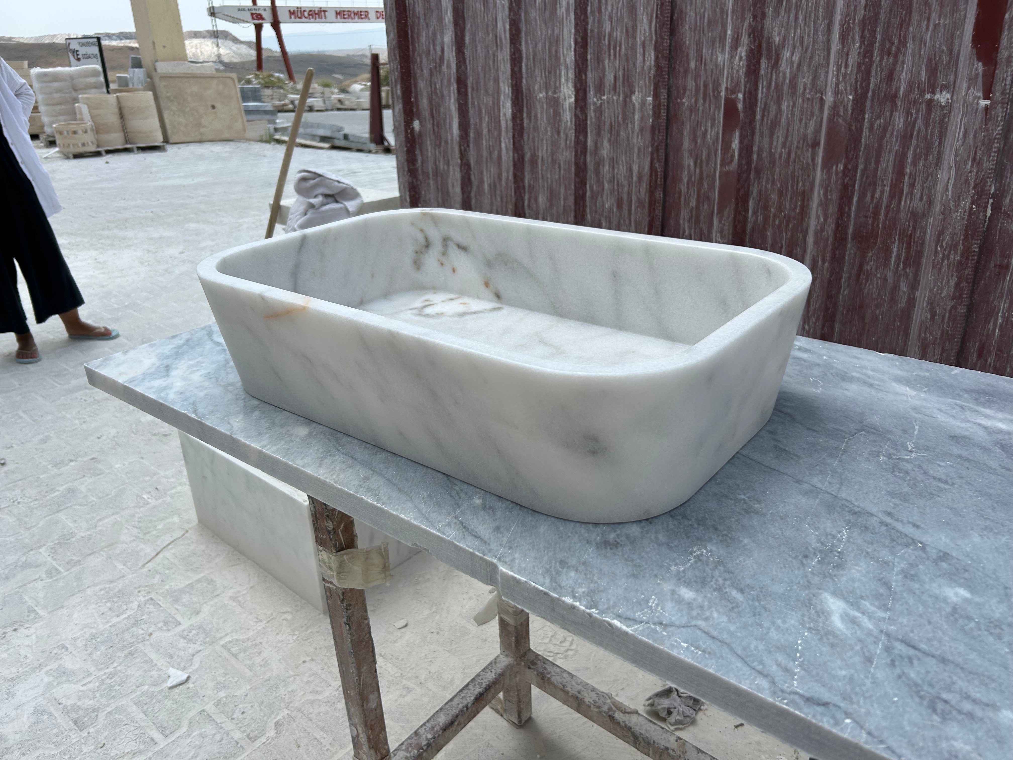 Carrara Marble Vessel Sink, White Marble Farmhouse Kitchen Sink, Marble Sink on Top of Bathroom Vanity