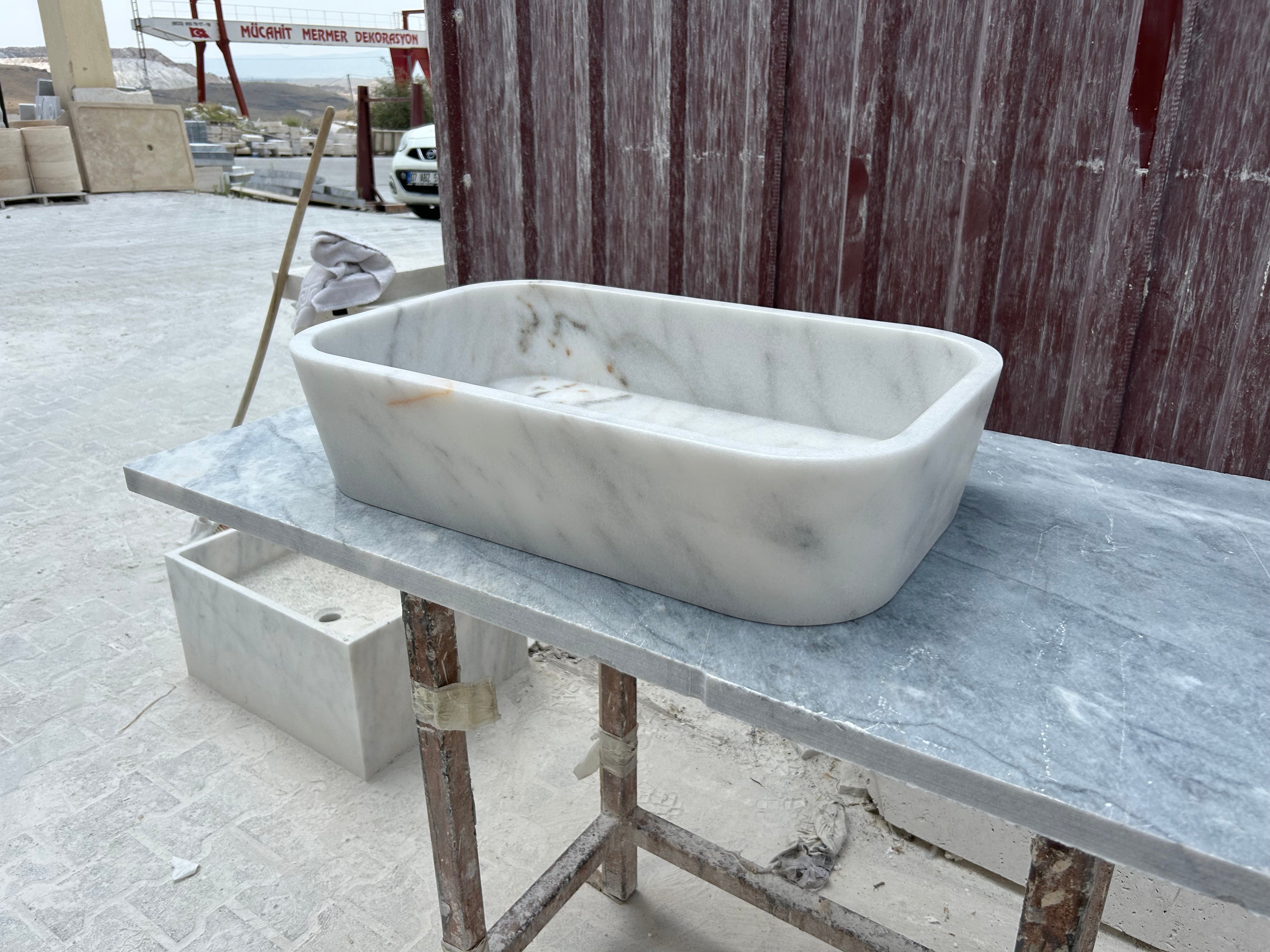 Carrara Marble Vessel Sink, White Marble Farmhouse Kitchen Sink, Marble Sink on Top of Bathroom Vanity
