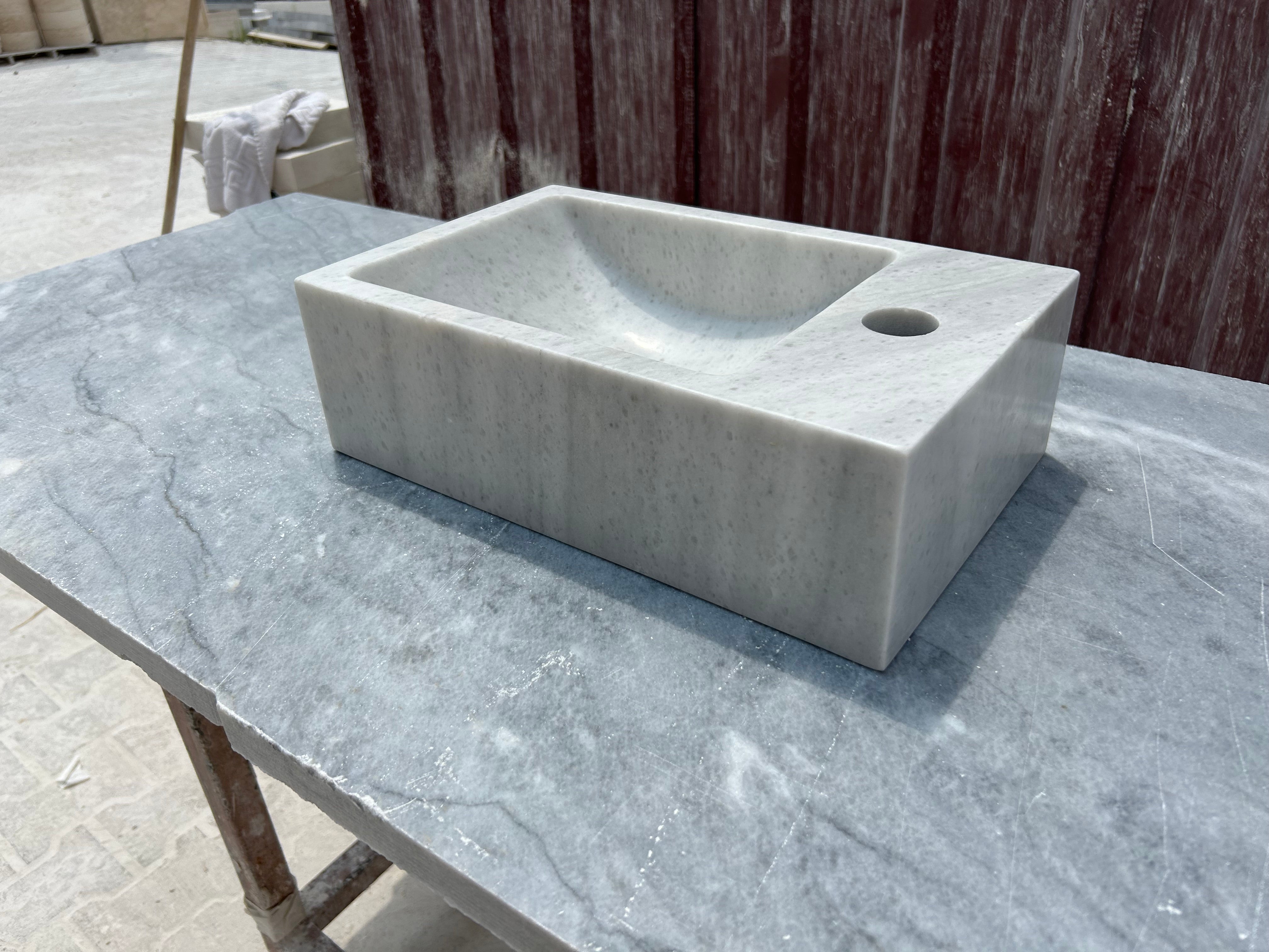 Corner Wall Small Bathroom Sink, White Marble Sink, Carrara Stone Sink with Faucet Hole