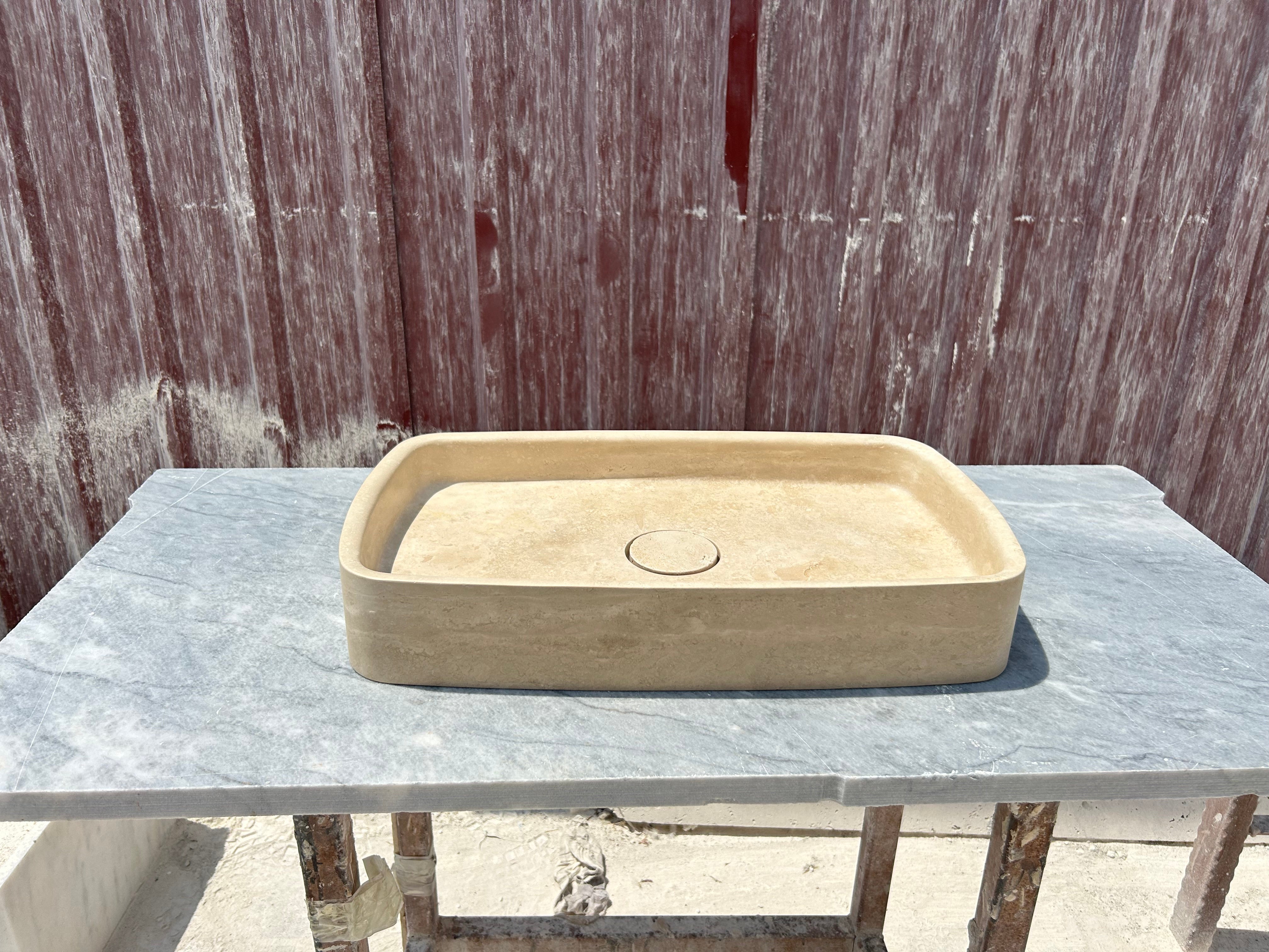 Travertine Marble Sink, Vessel Sink on Top of Bathroom Vanity with Marble Sink Strainer Cover