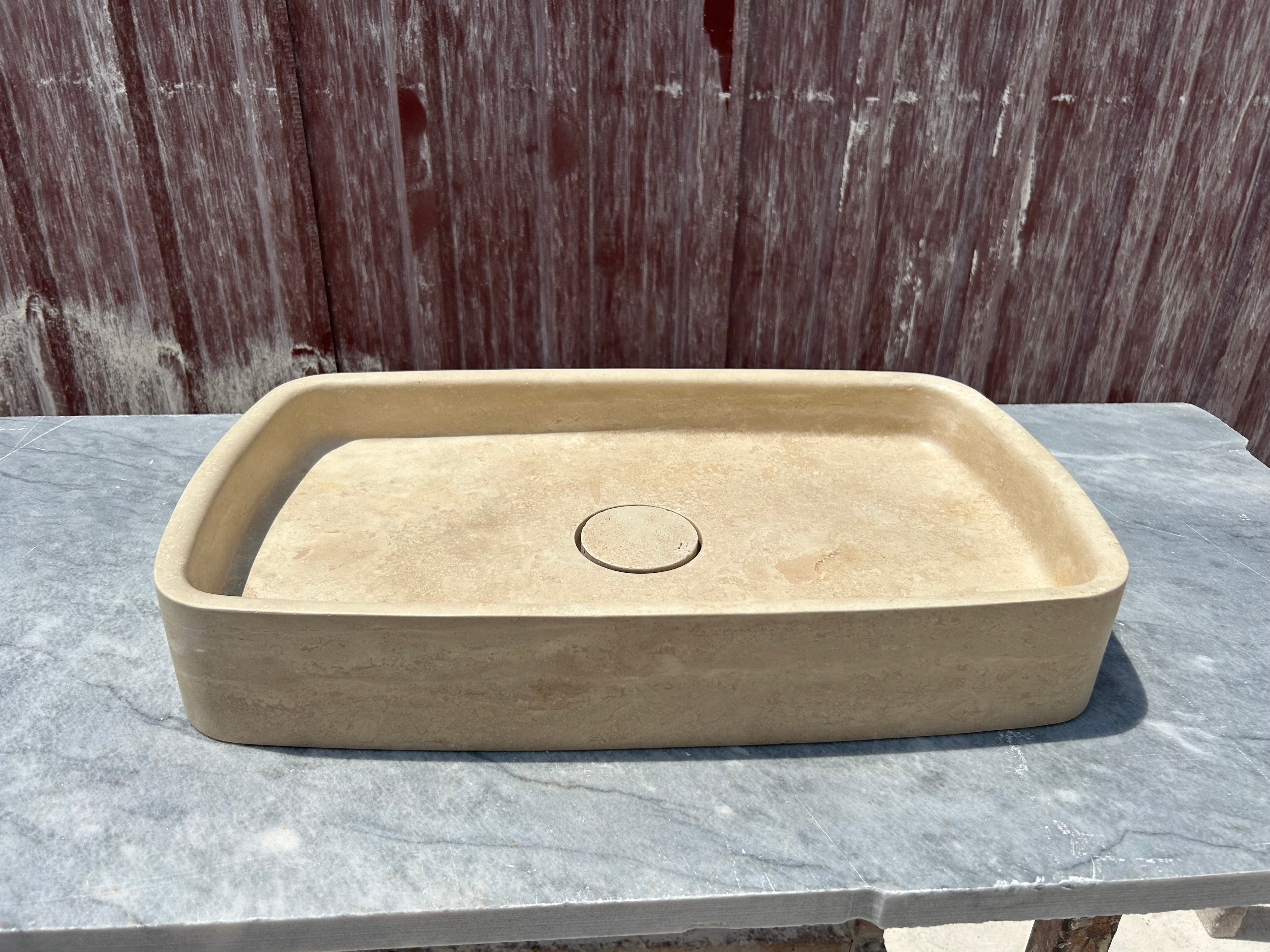 Travertine Marble Sink, Vessel Sink on Top of Bathroom Vanity with Marble Sink Strainer Cover