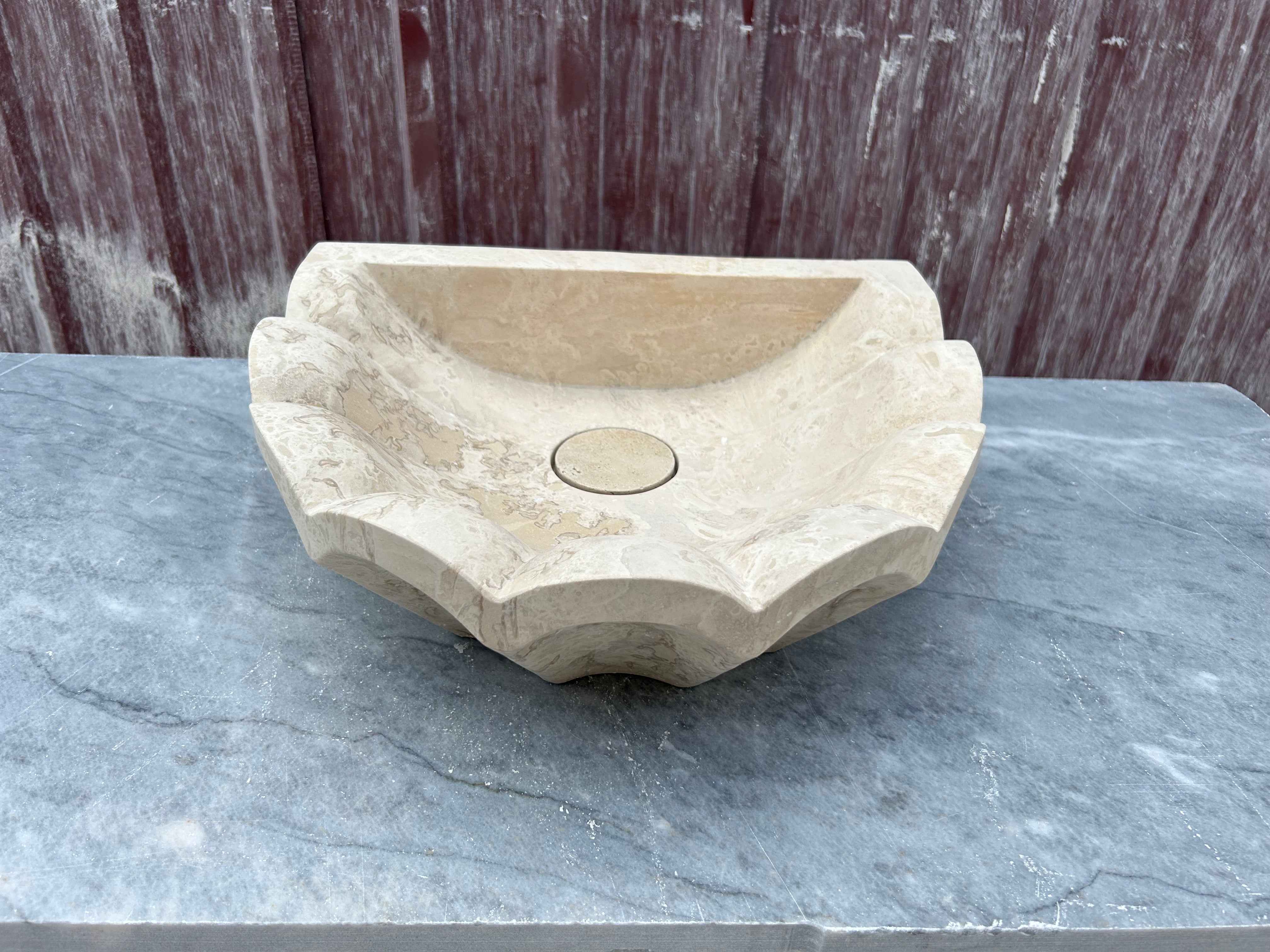 French Marble Sink, Wavy Design Travertine Vessel Sink Rustic Bathroom Vanity Top for Farmhouse Powder Room