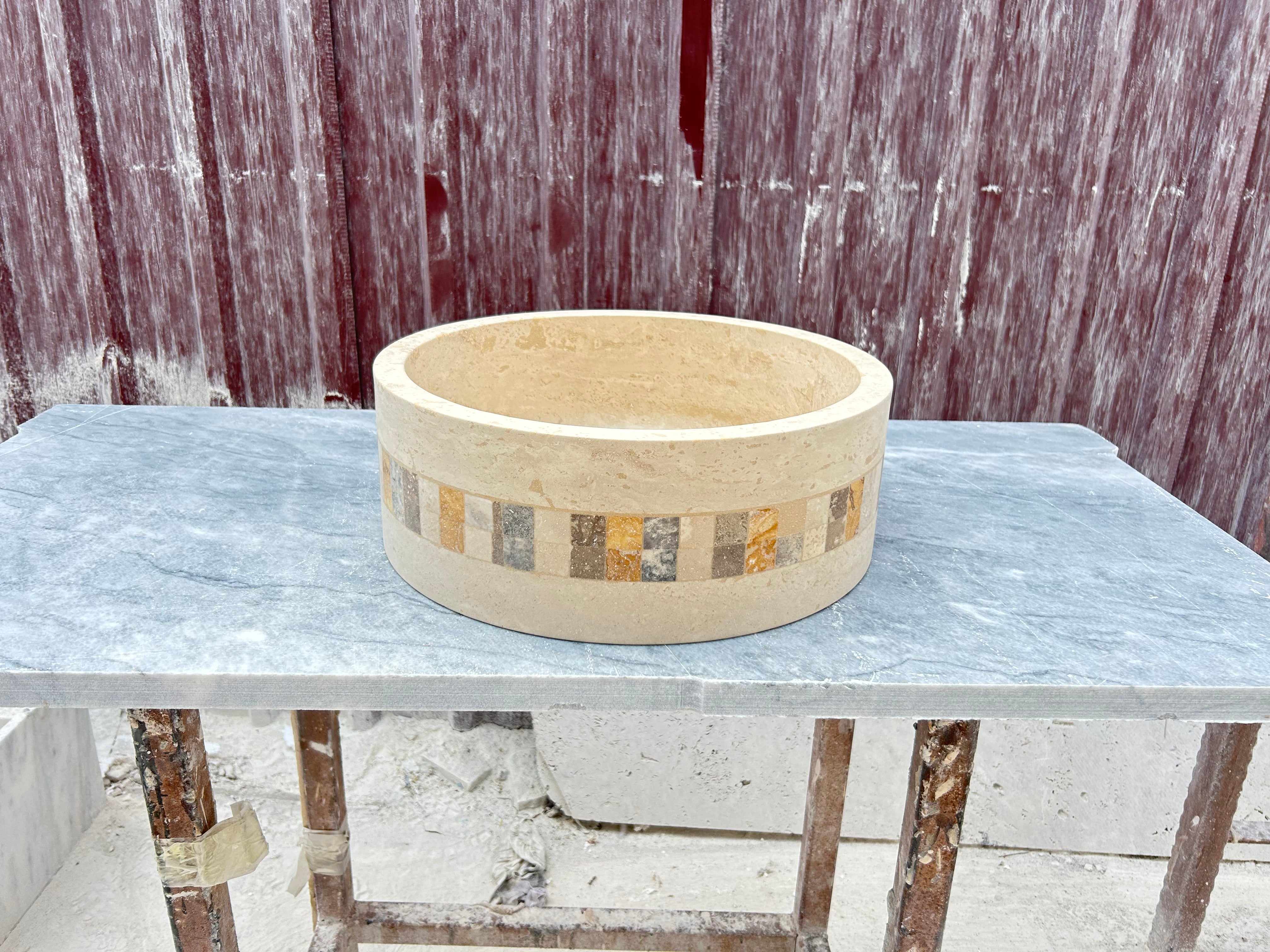 Travertine Round Sink, Mosaic Embed Vessel Sink, Farmhouse Sink, Marble Washbasin, Bathroom Vanity Top