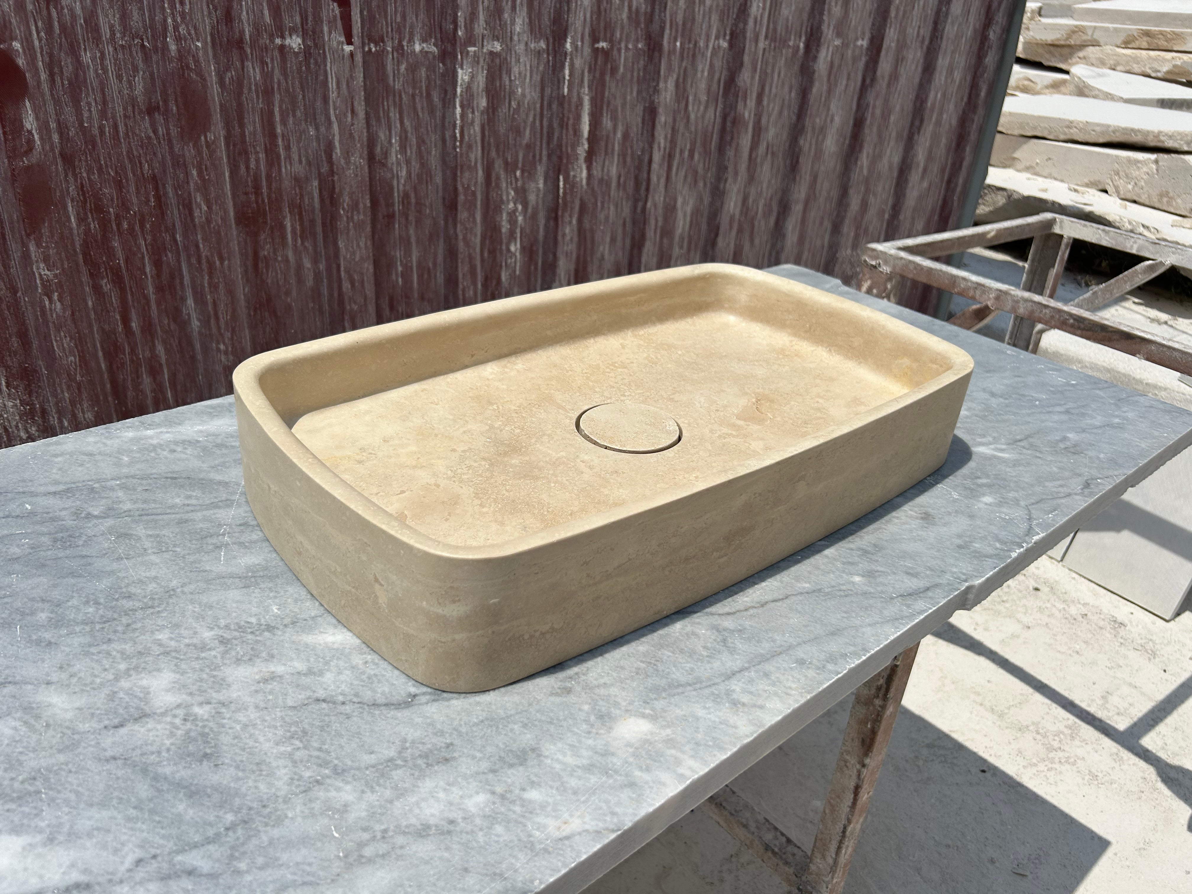 Travertine Marble Sink, Vessel Sink on Top of Bathroom Vanity with Marble Sink Strainer Cover