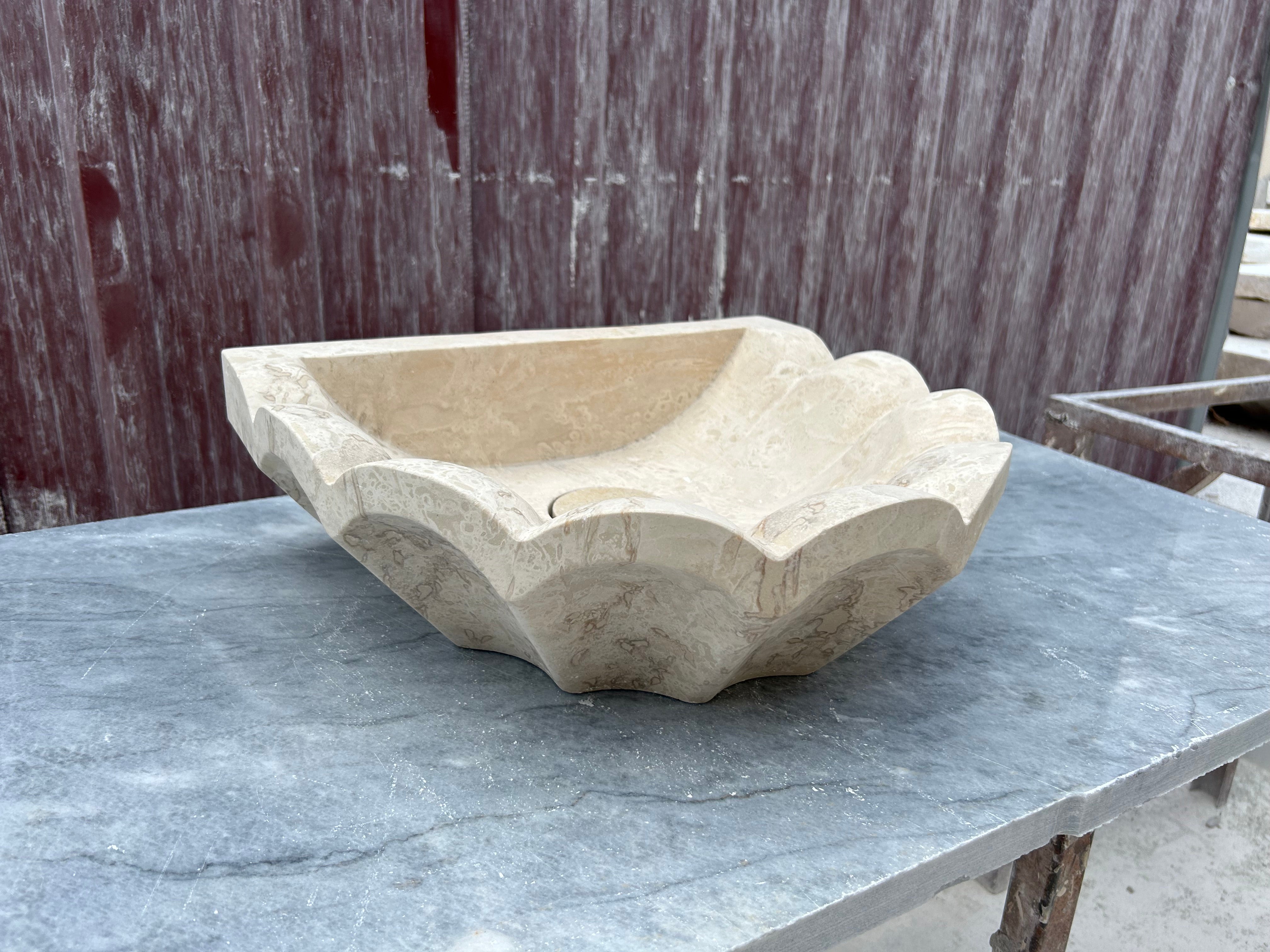 French Marble Sink, Wavy Design Travertine Vessel Sink Rustic Bathroom Vanity Top for Farmhouse Powder Room