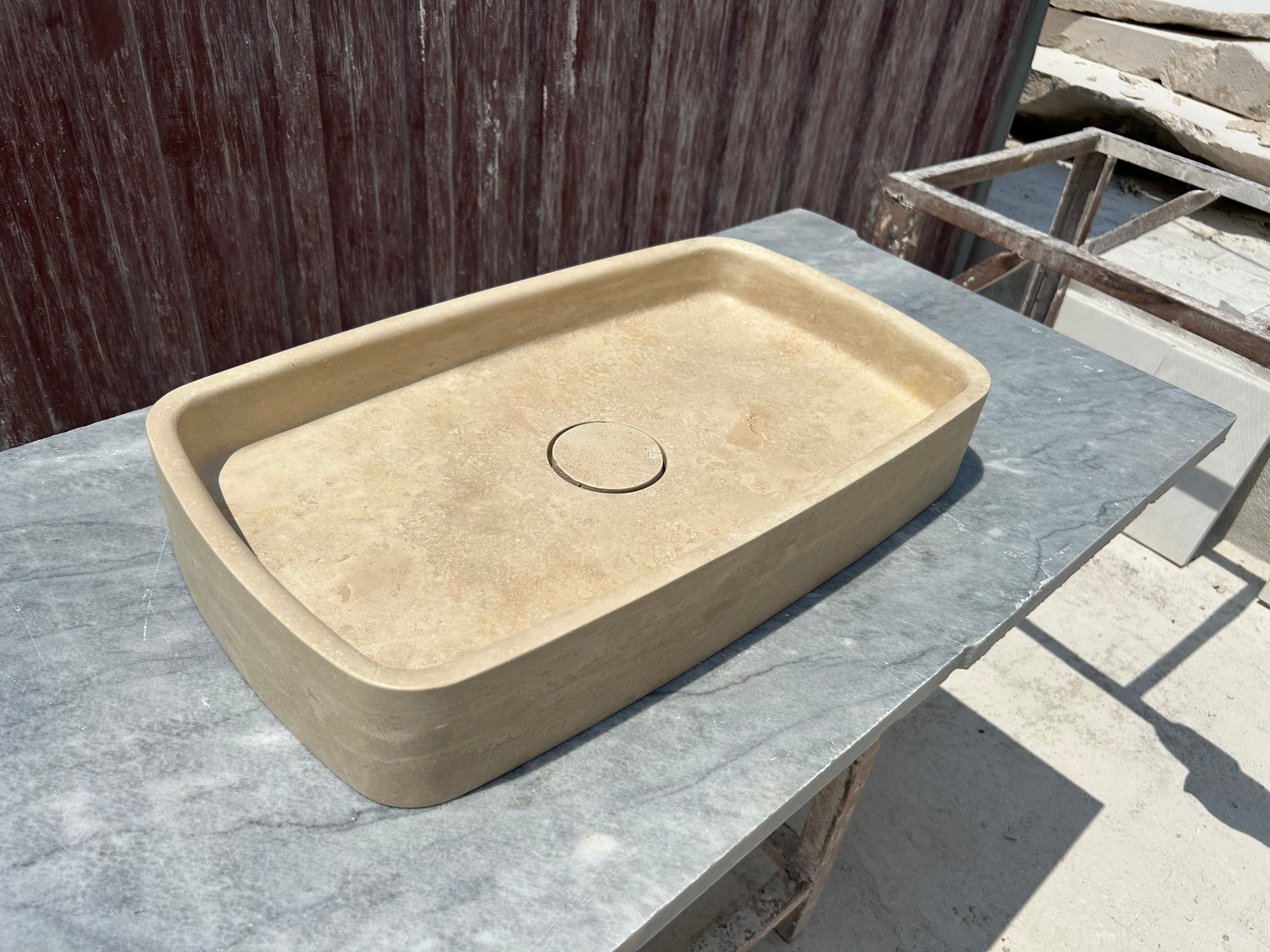 Travertine Marble Sink, Vessel Sink on Top of Bathroom Vanity with Marble Sink Strainer Cover