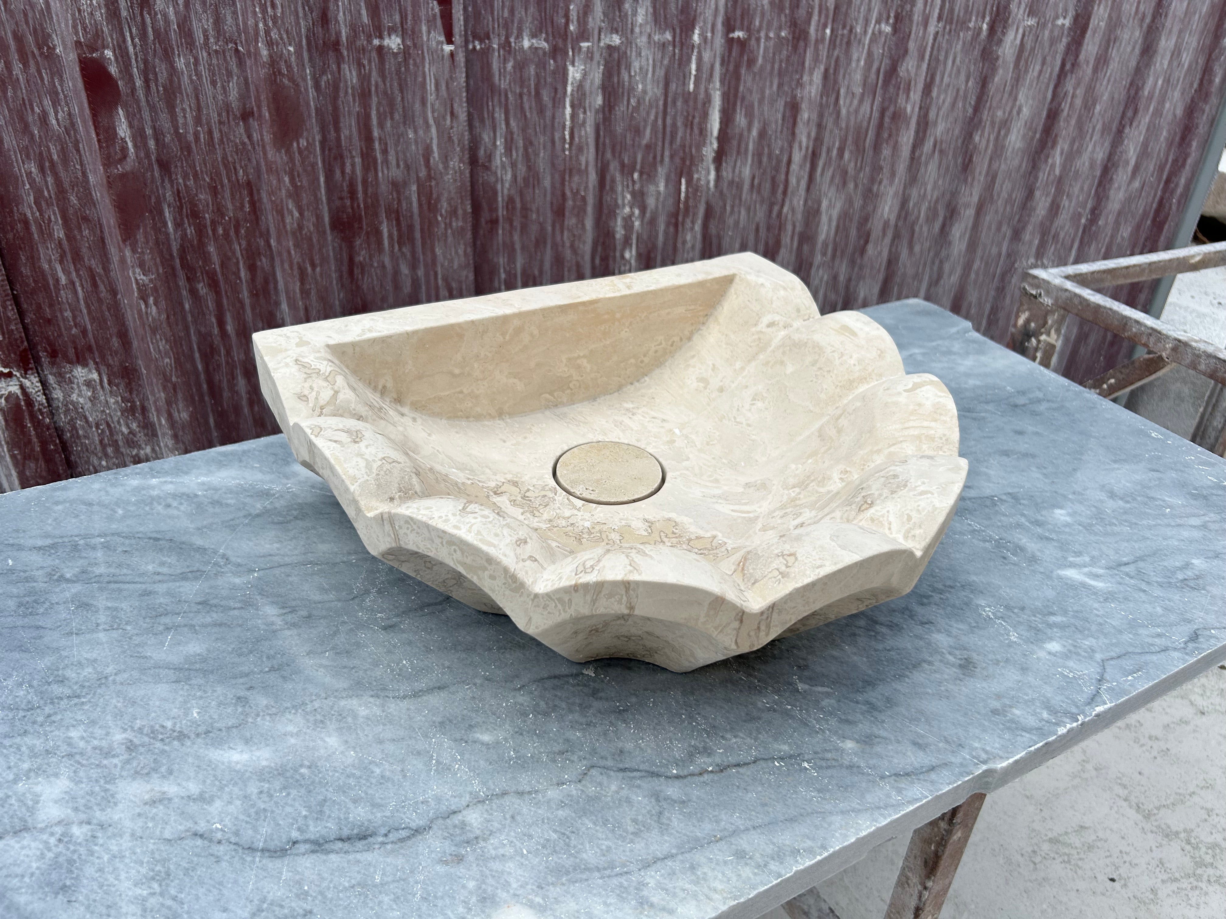French Marble Sink, Wavy Design Travertine Vessel Sink Rustic Bathroom Vanity Top for Farmhouse Powder Room