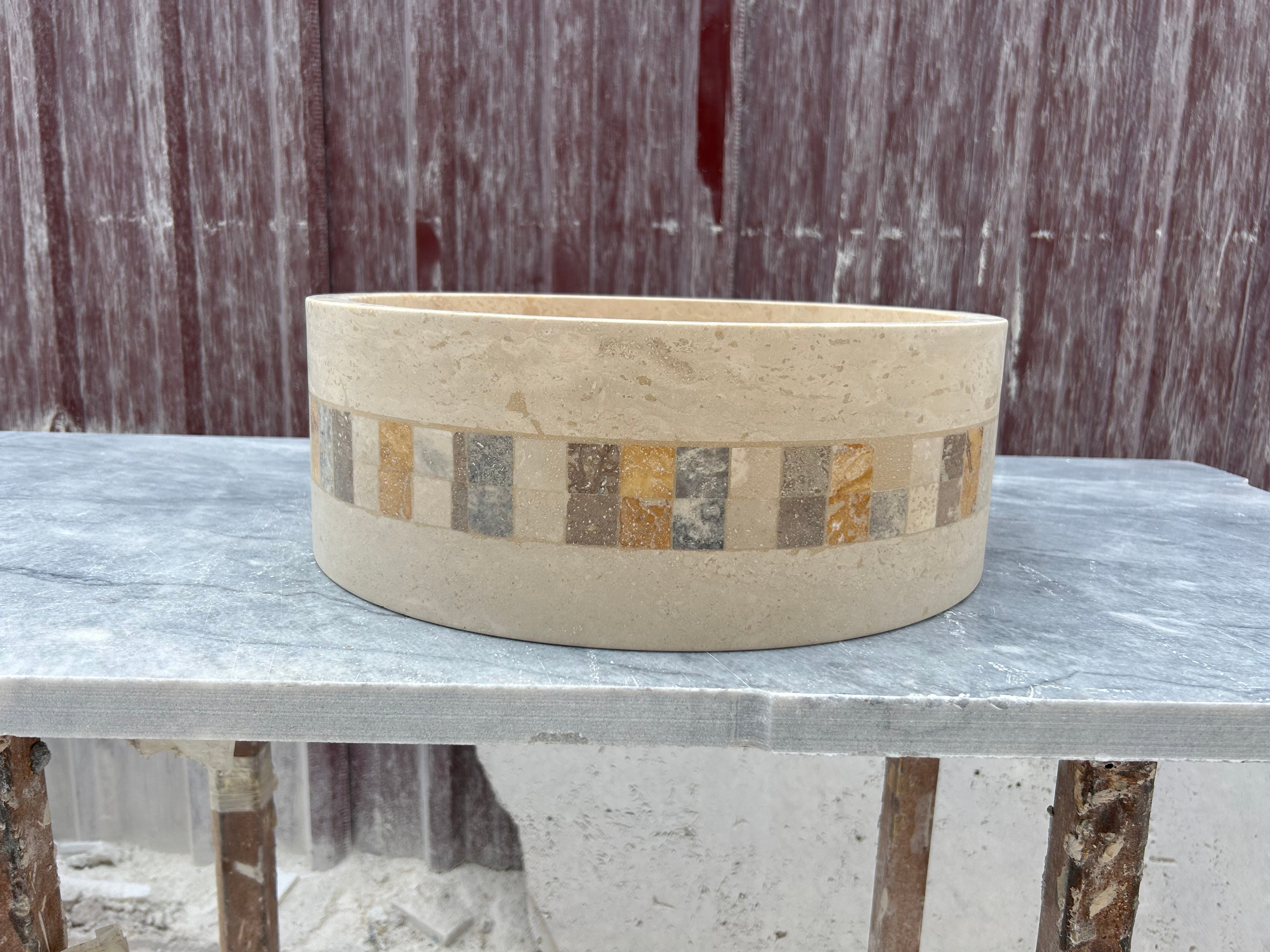 Travertine Round Sink, Mosaic Embed Vessel Sink, Farmhouse Sink, Marble Washbasin, Bathroom Vanity Top