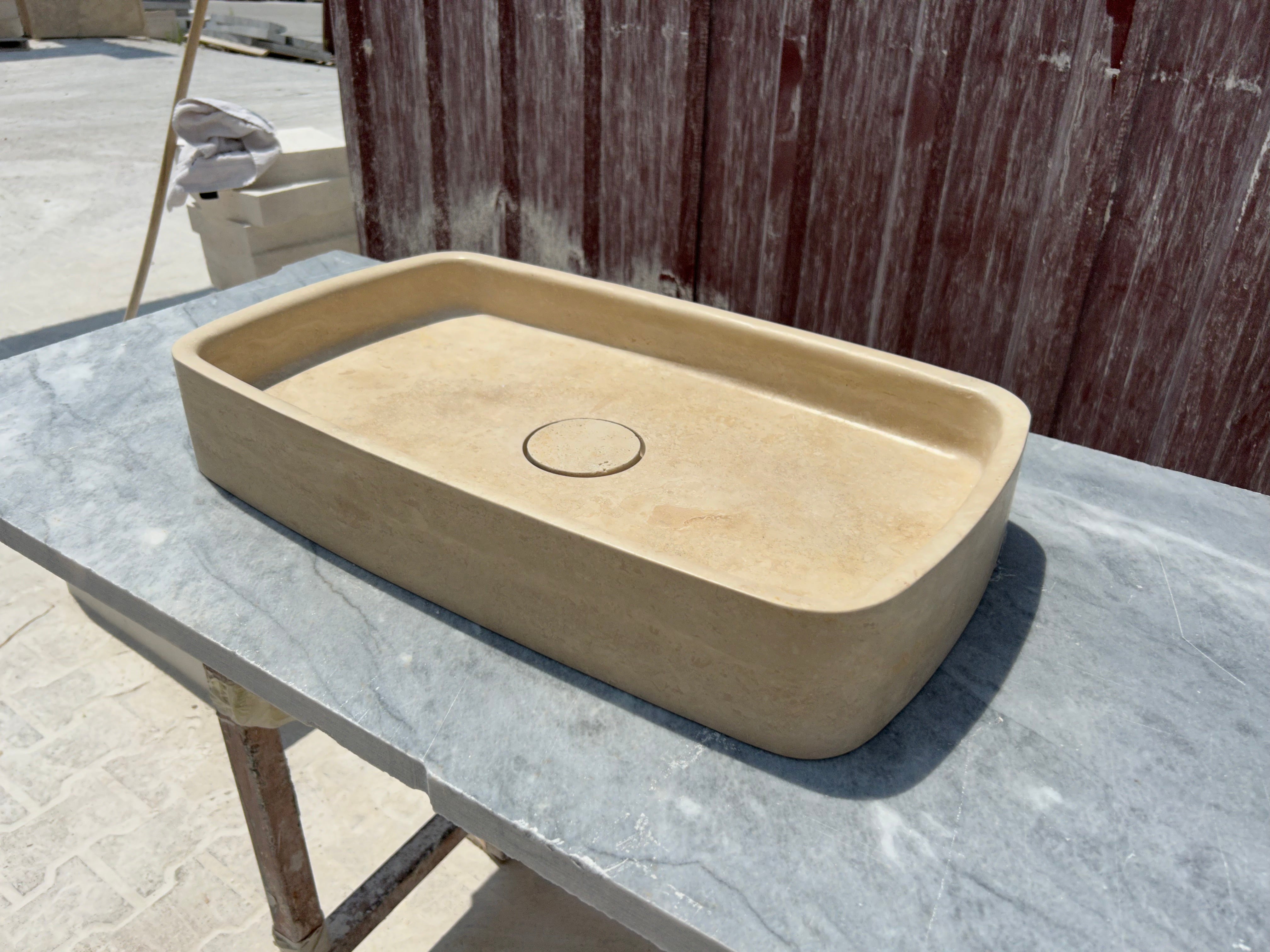 Travertine Marble Sink, Vessel Sink on Top of Bathroom Vanity with Marble Sink Strainer Cover