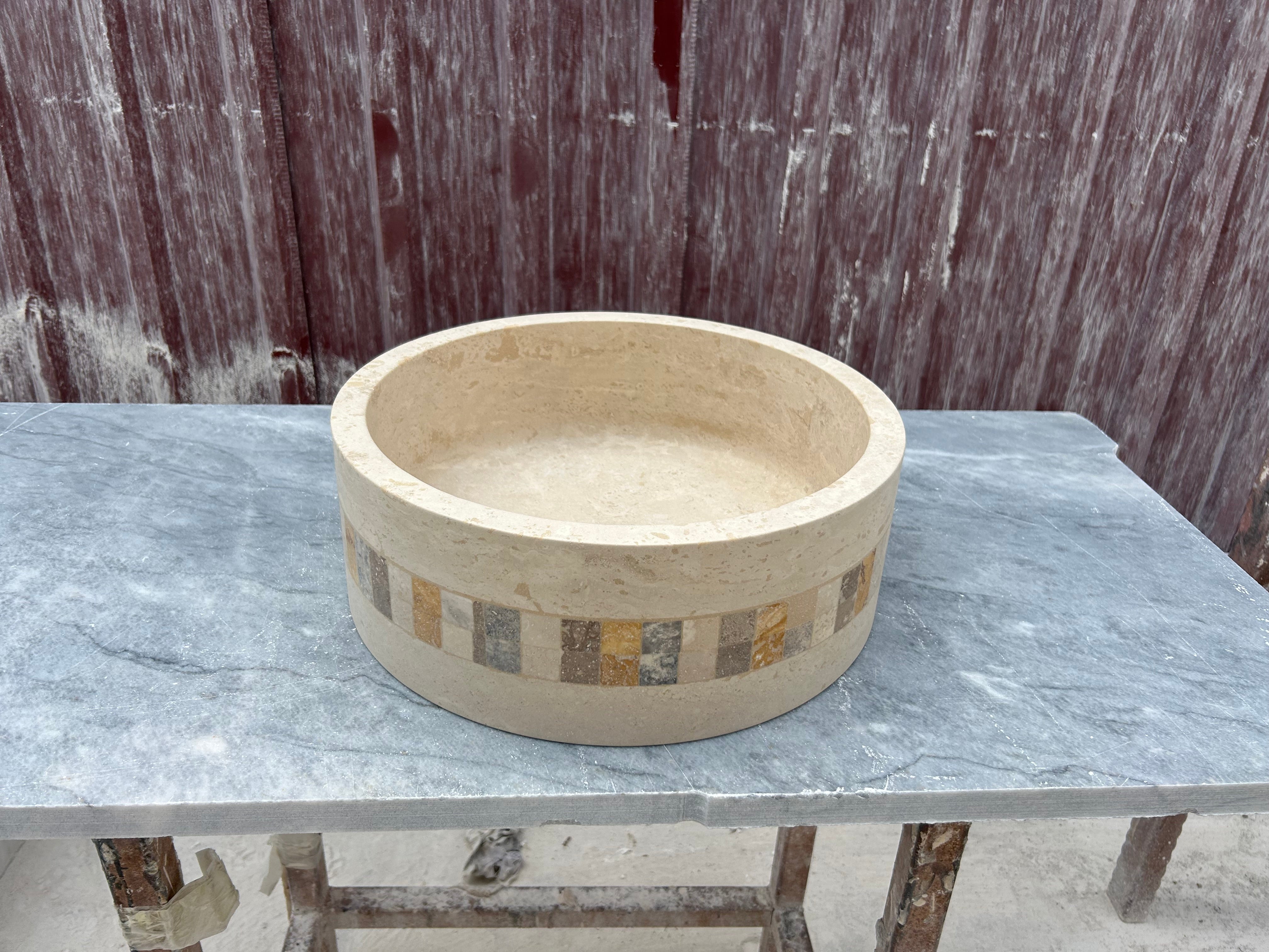 Travertine Round Sink, Mosaic Embed Vessel Sink, Farmhouse Sink, Marble Washbasin, Bathroom Vanity Top