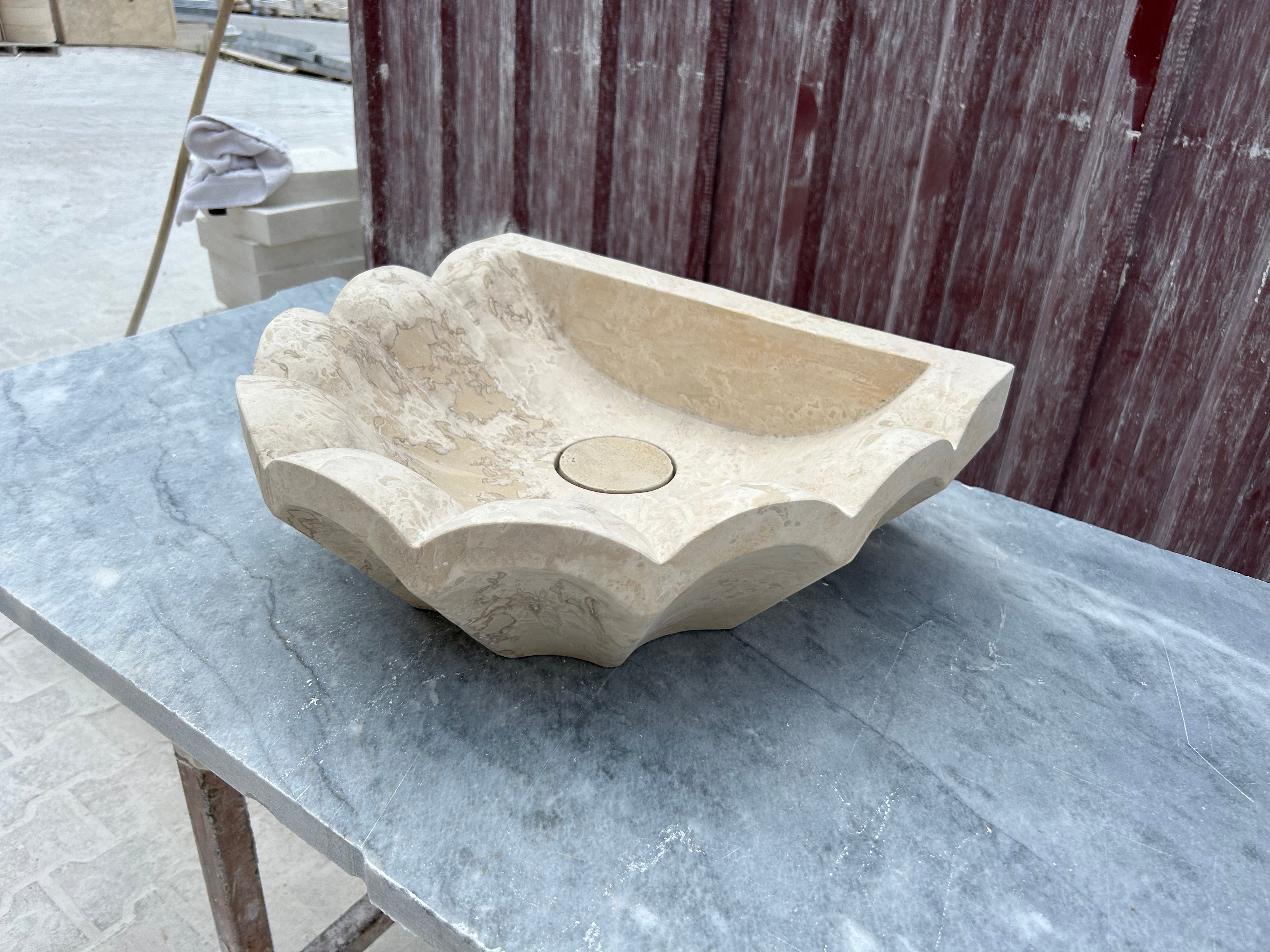 French Marble Sink, Wavy Design Travertine Vessel Sink Rustic Bathroom Vanity Top for Farmhouse Powder Room